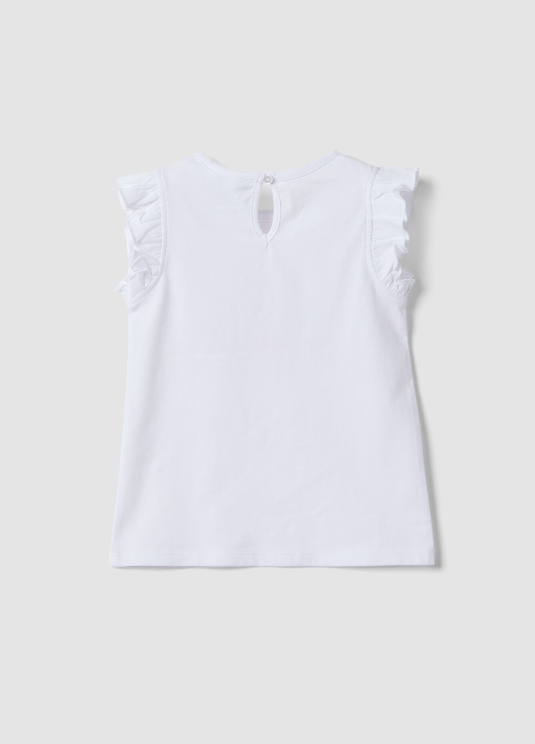 White organic cotton girls&rsquo; tank top with print and frills