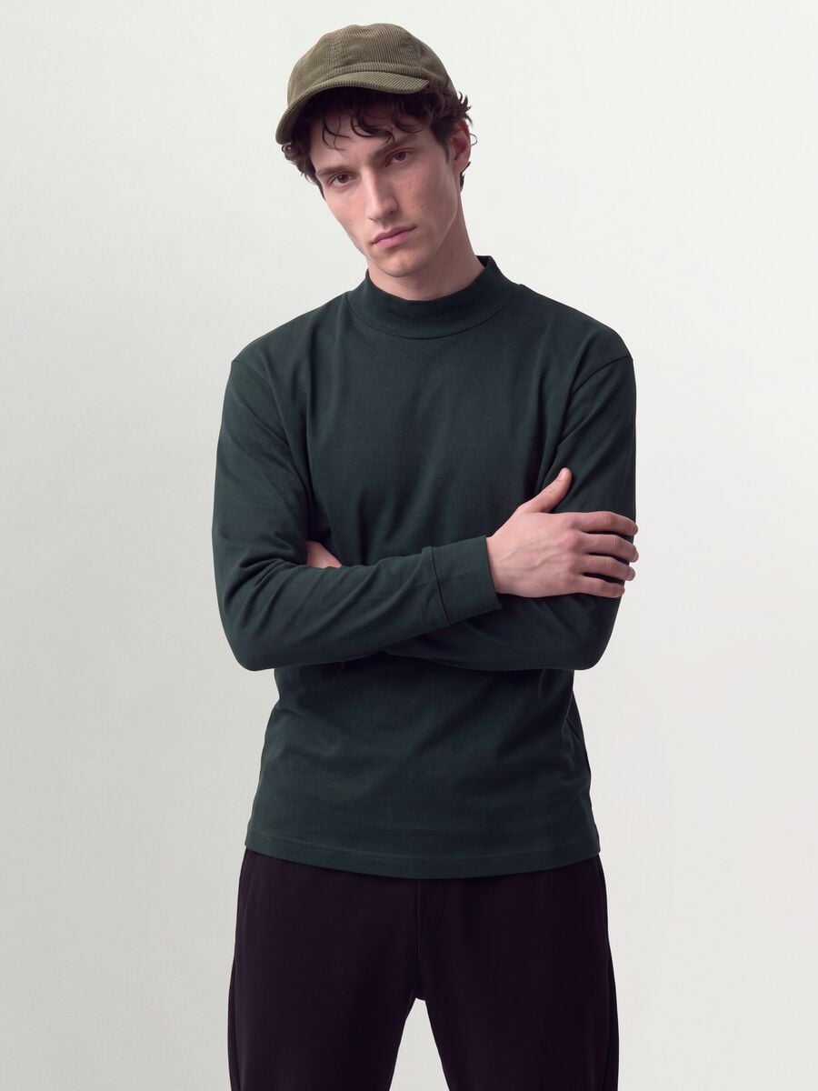 Green pure cotton T-shirt with structured stand-up collar, regular fit_0