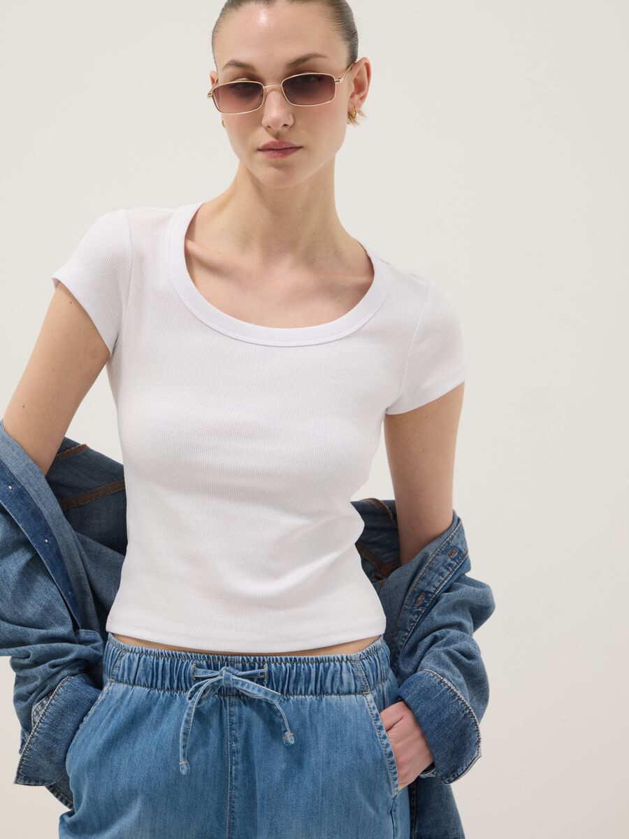 White stretch cotton fitted short sleeve T-shirt_0