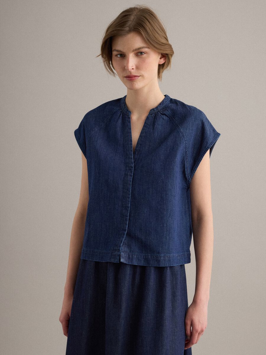 Blaue Denim-Hemdbluse aus Baumwoll-, Leinen- und Viskosemix, Oversize-Fit_1
