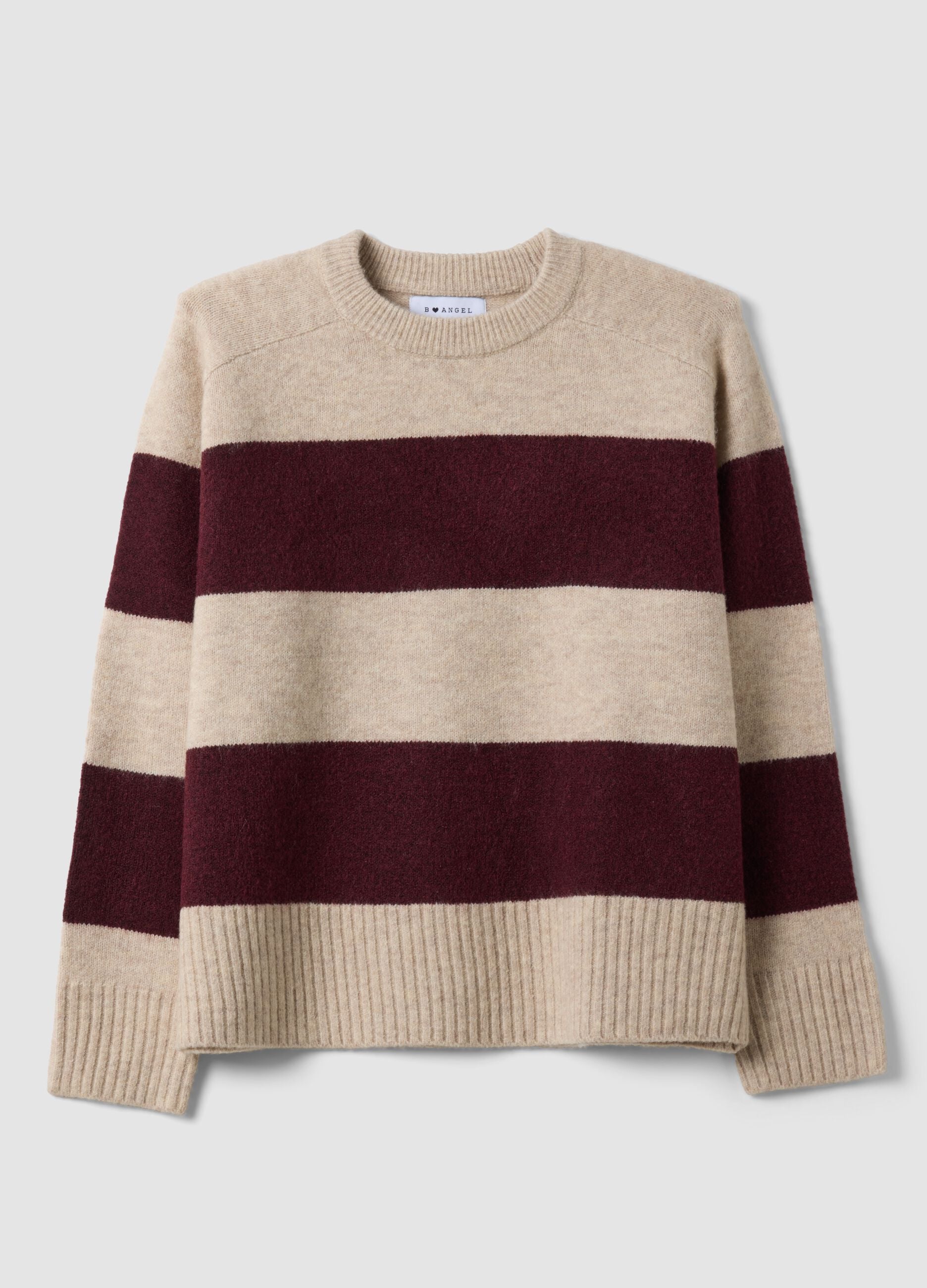 Beiger, gestreifter Crew-Neck-Pullover aus Stretchwolle