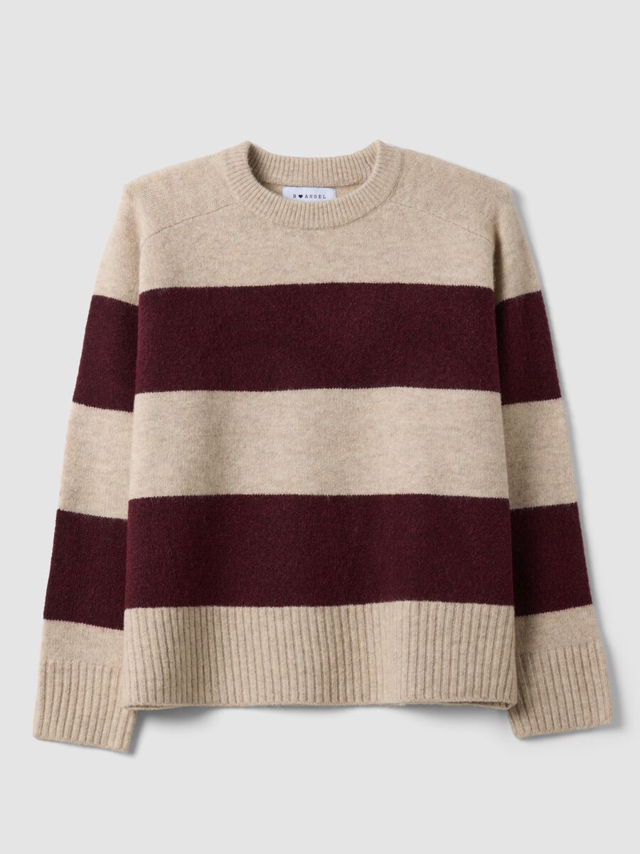 Beiger, gestreifter Crew-Neck-Pullover aus Stretchwolle_4