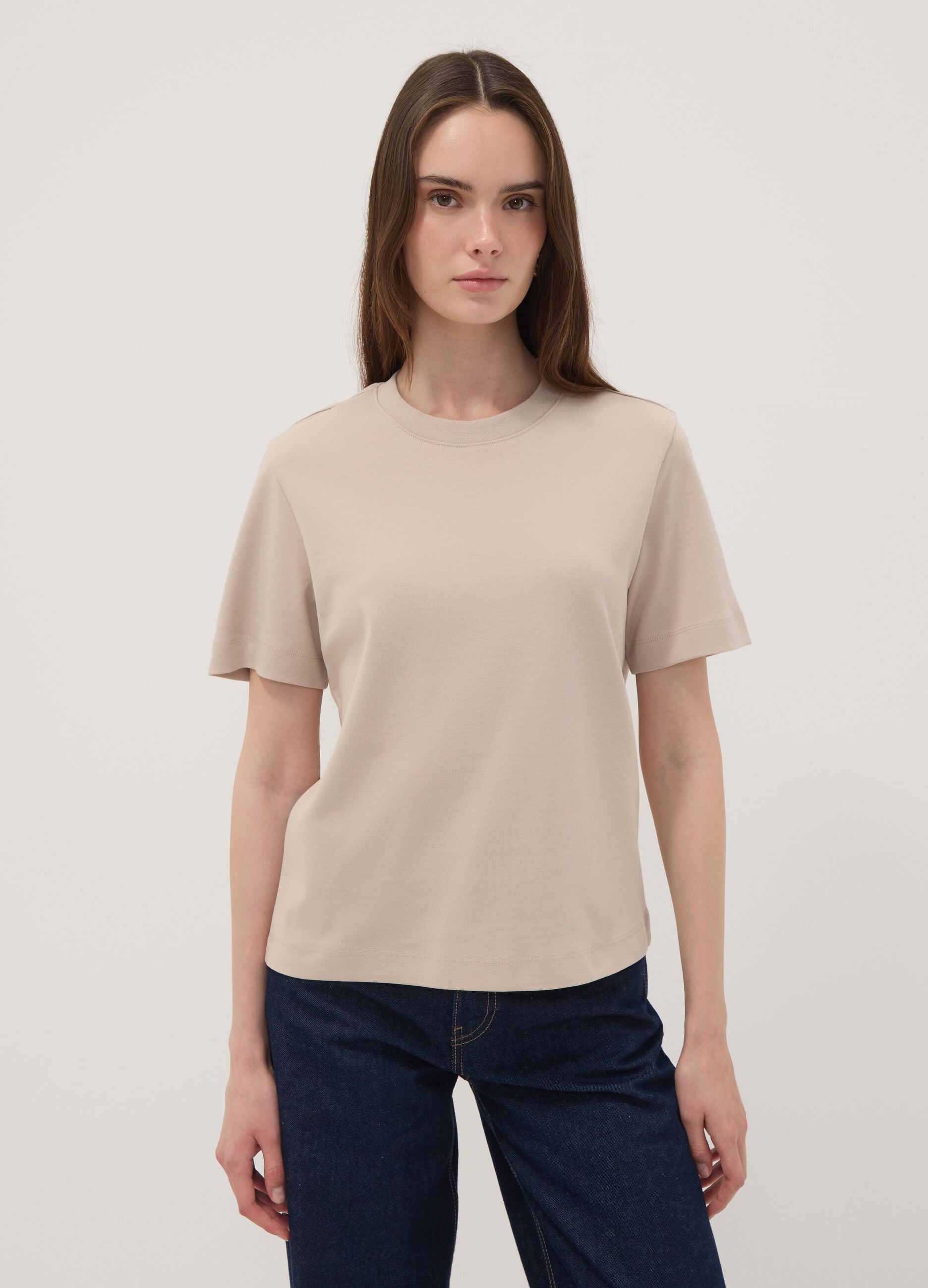 Beige relaxed-fit pure cotton short-sleeve T-shirt
