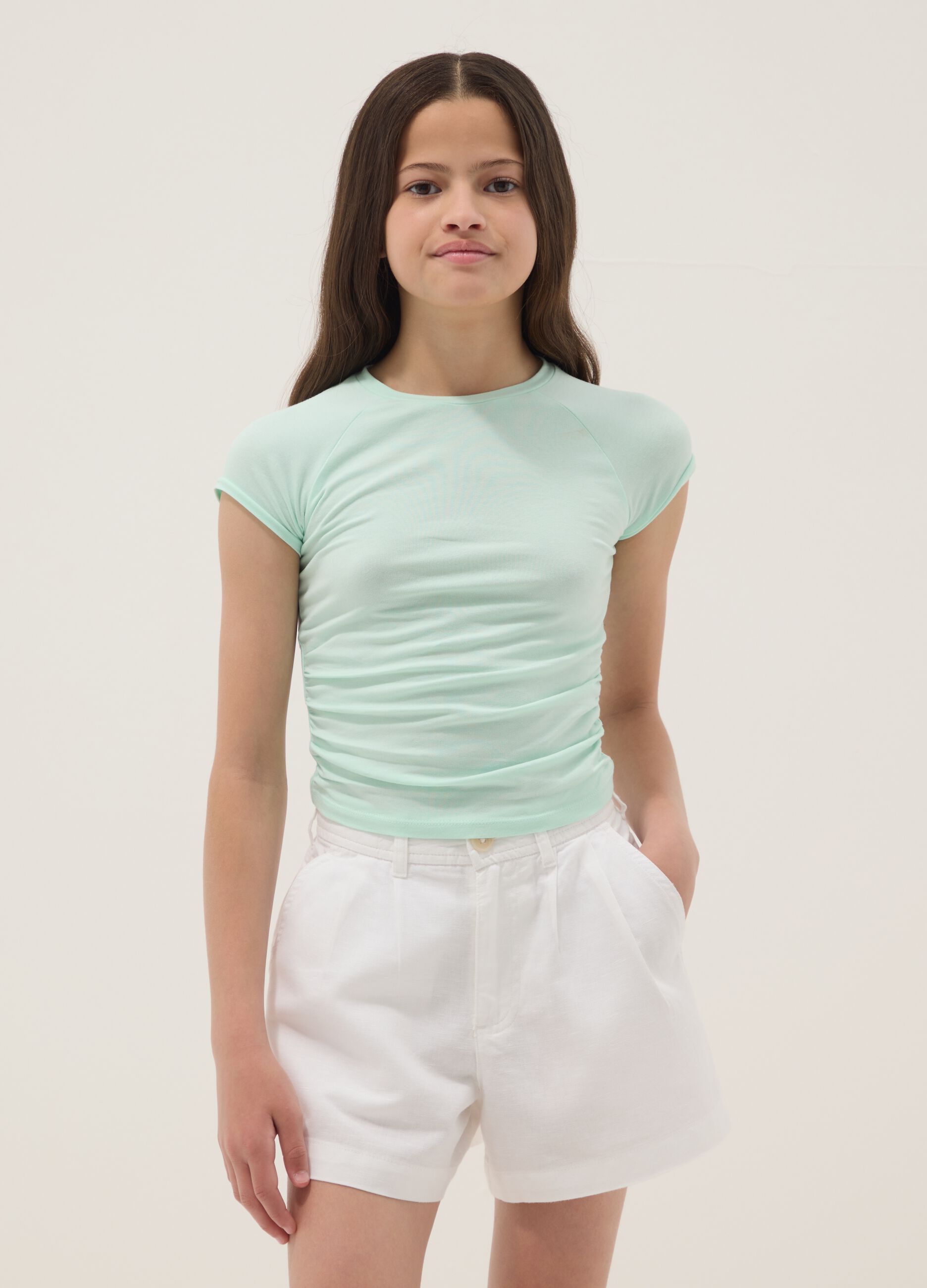 Girls' green slim fit stretch cotton T-shirt