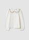 T-shirt bianca girocollo in cotone elasticizzato con colletto ricamato_0