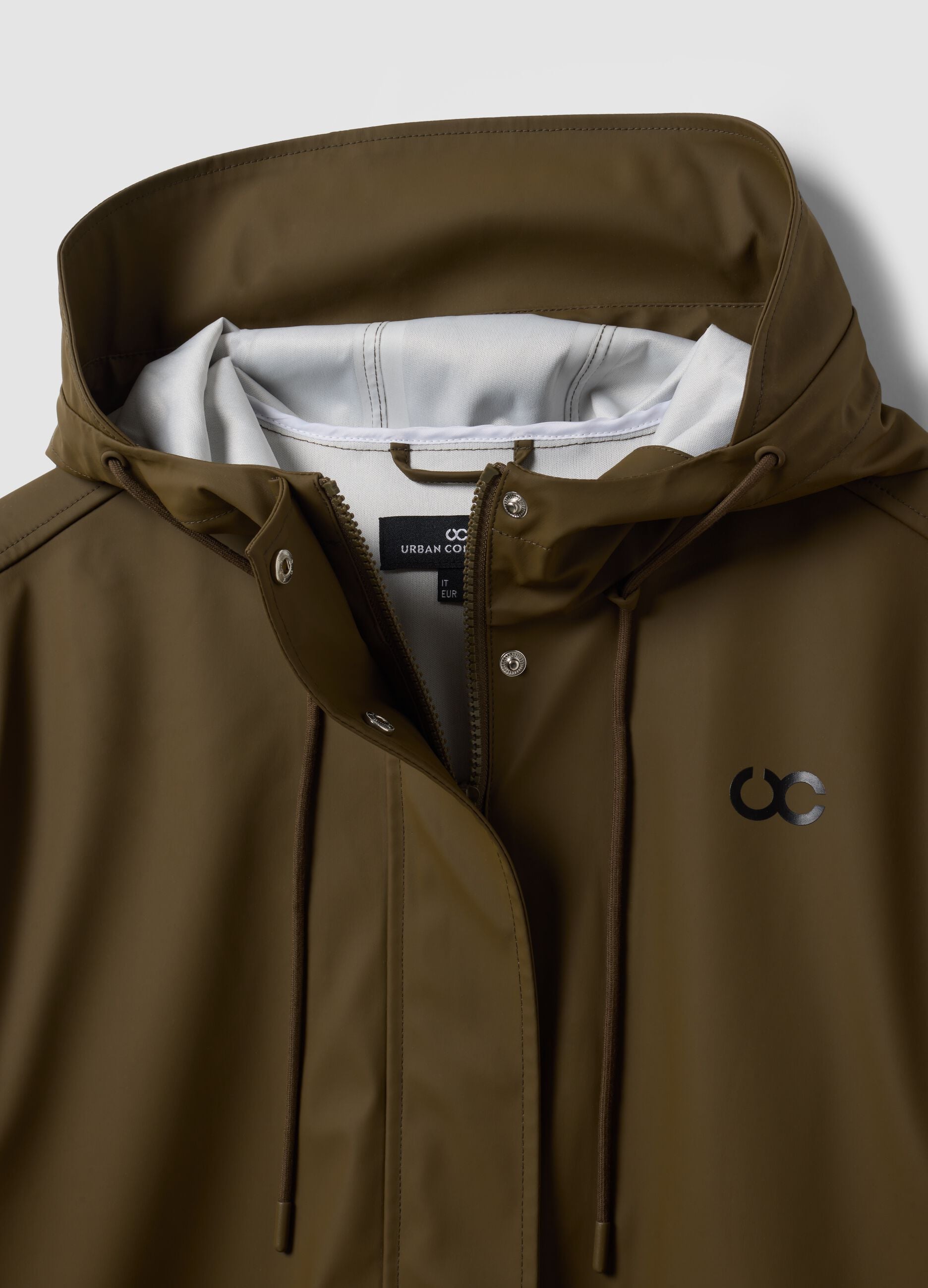 Green rain jacket with zip and hood