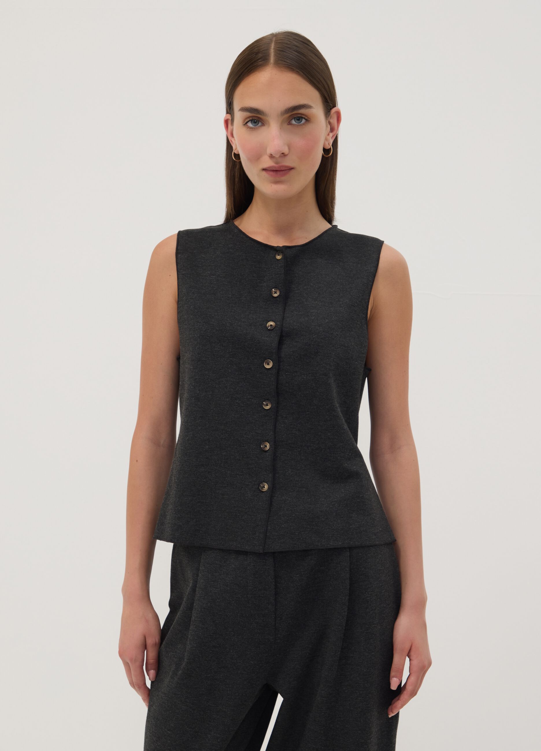 Black Milano stitch waistcoat in stretch viscose, regular fit