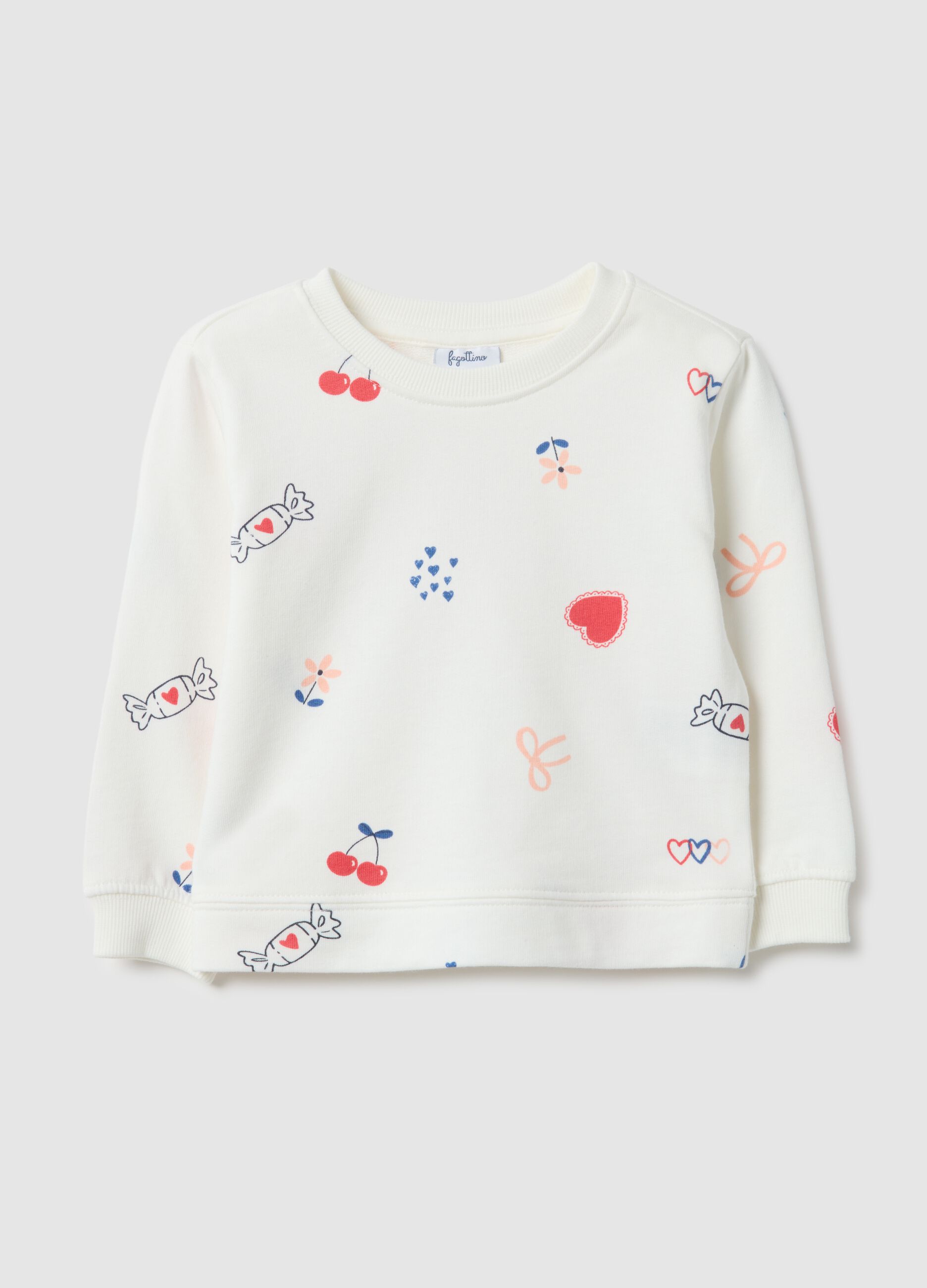 White crew neck sweatshirt for girls in pure cotton regular fit with designs