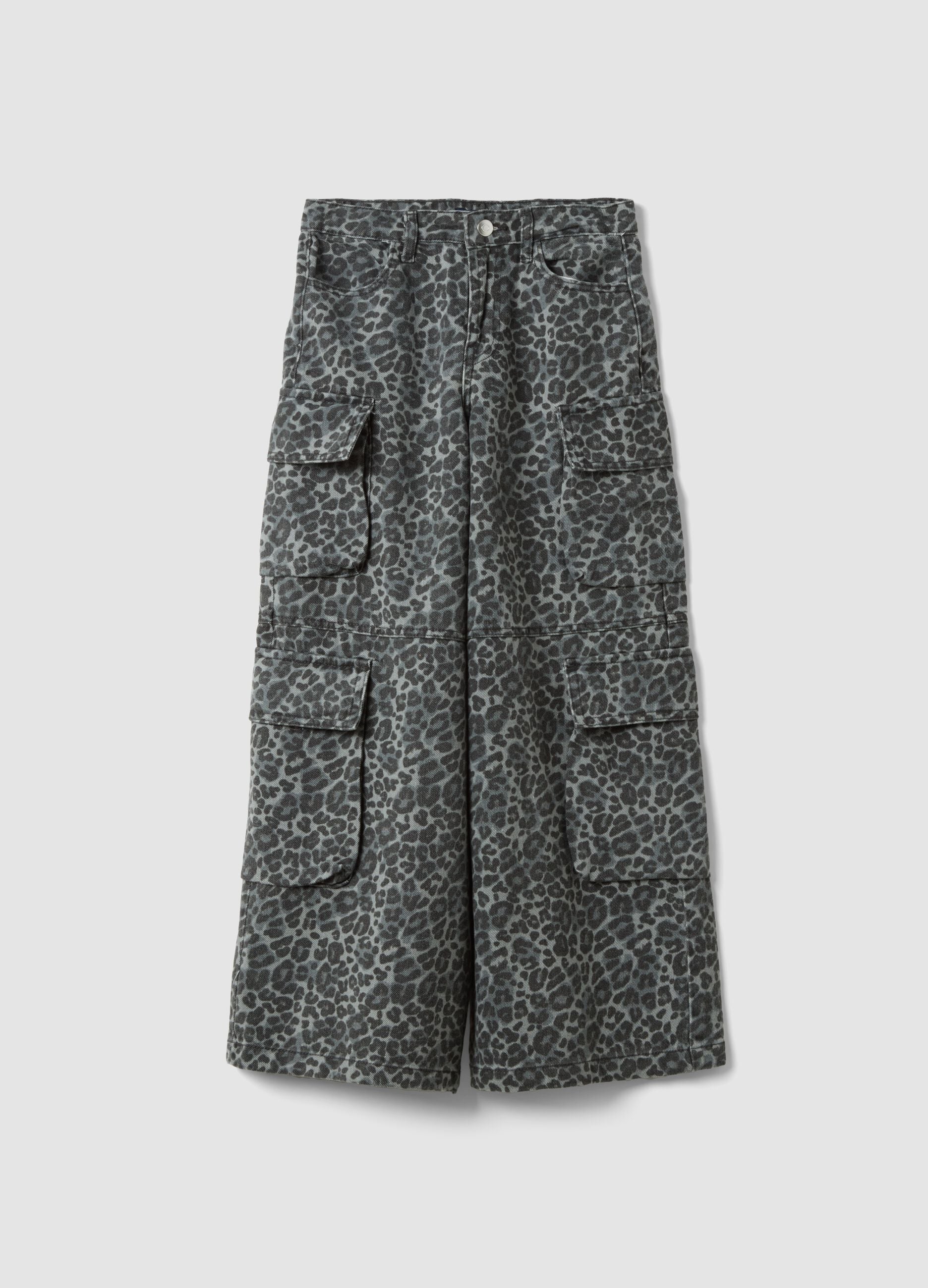 Graue Cargo-Hose aus reiner Baumwolle mit Animal-Print