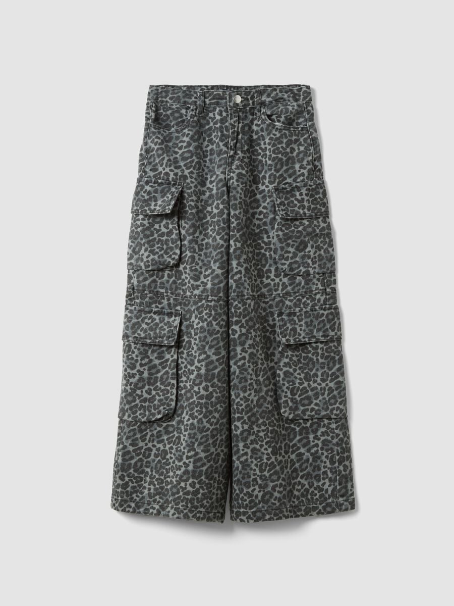 Grey pure cotton cargo trousers with animal print_0