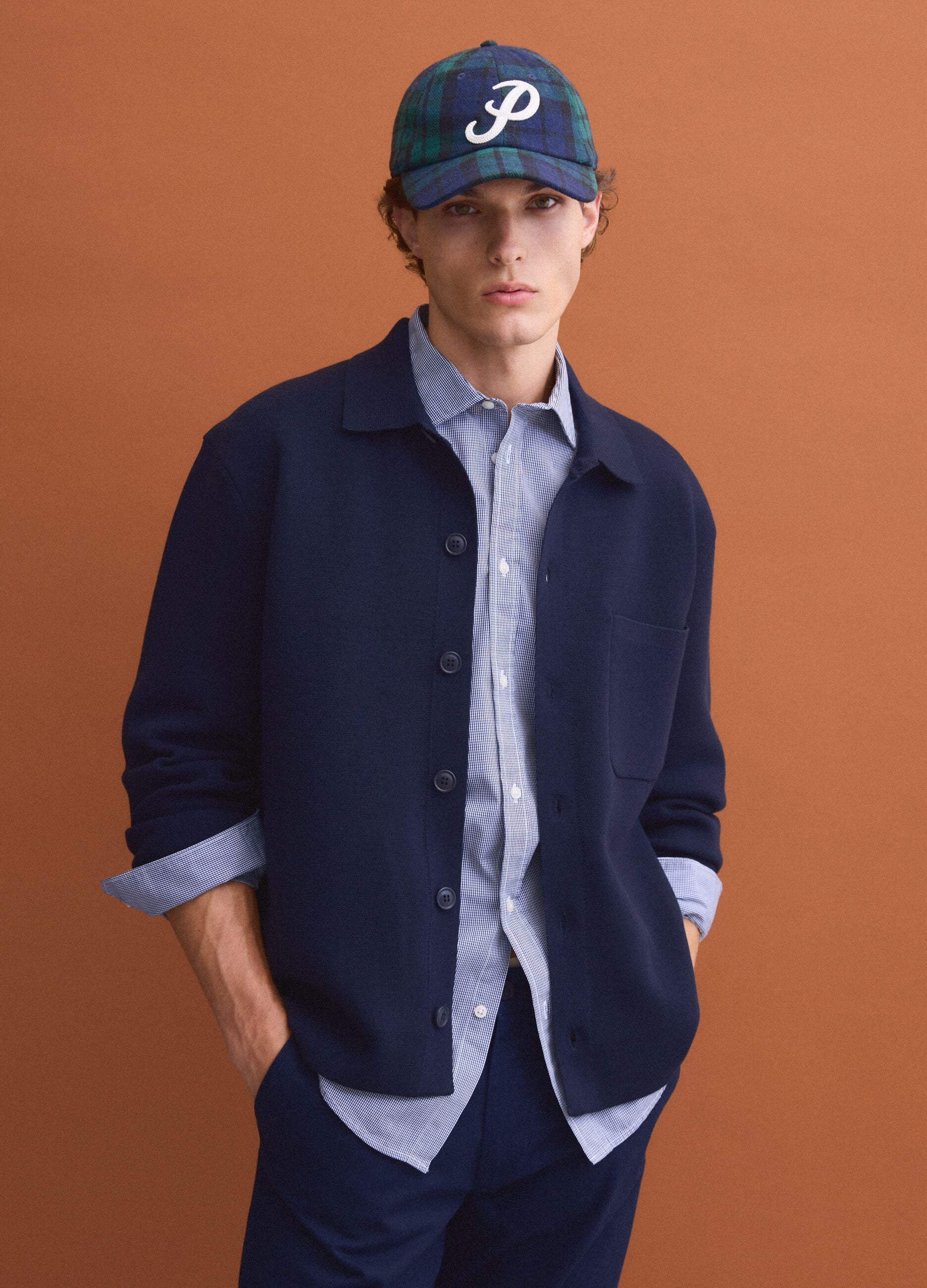 Blue regular-fit cotton-blend cardigan with collar