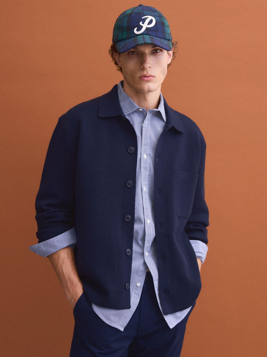 Blue regular-fit cotton-blend cardigan with collar_0