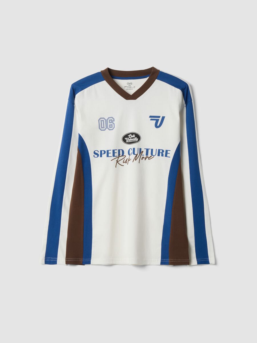 Wei&szlig;es T-Shirt aus reiner Baumwolle mit Rundhalsausschnitt und Racing-Print_0