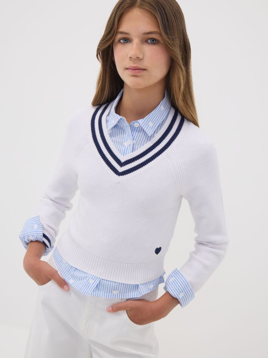 White V-neck viscose-blend jumper with striped trims for girls_0