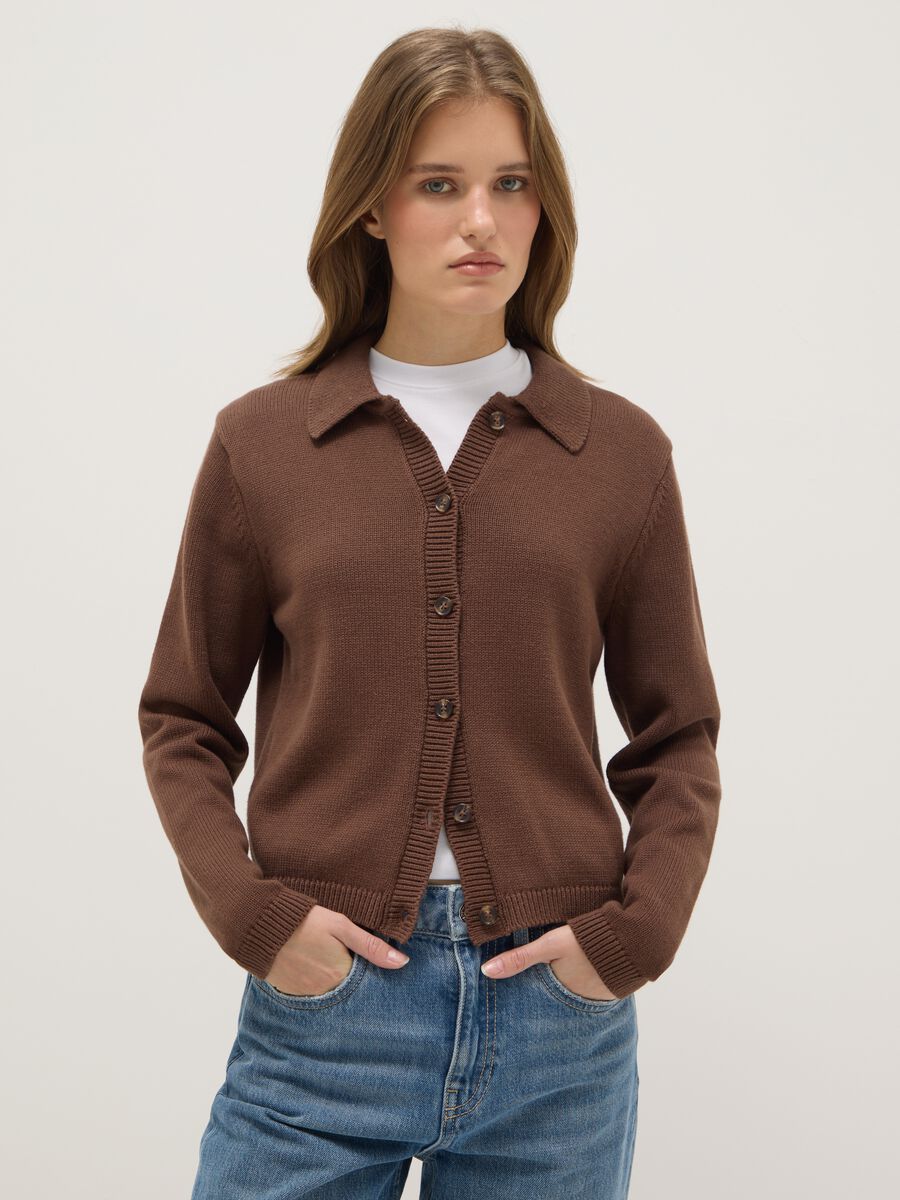 Brown cardigan with polo collar in pure cotton, regular fit_0