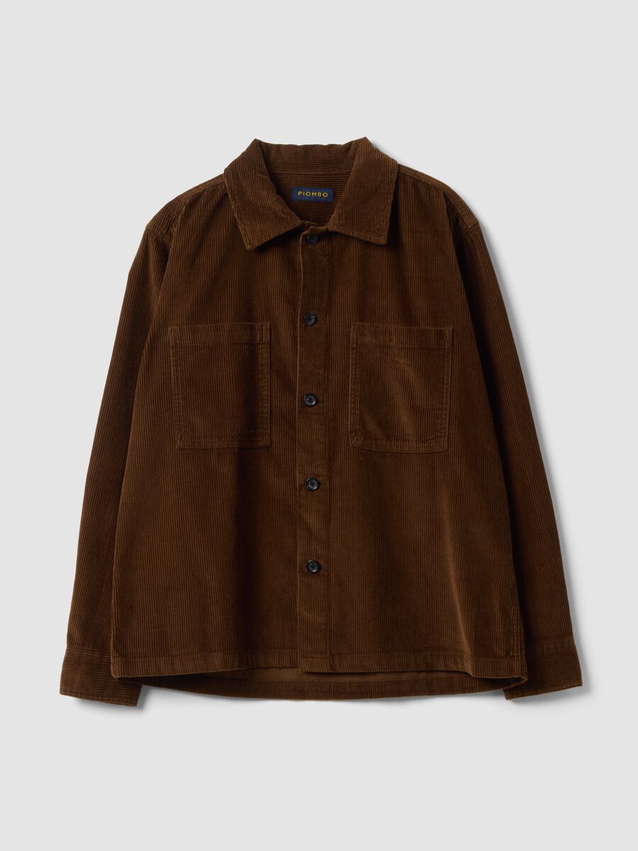 Brown ribbed pure cotton shacket with buttons_4