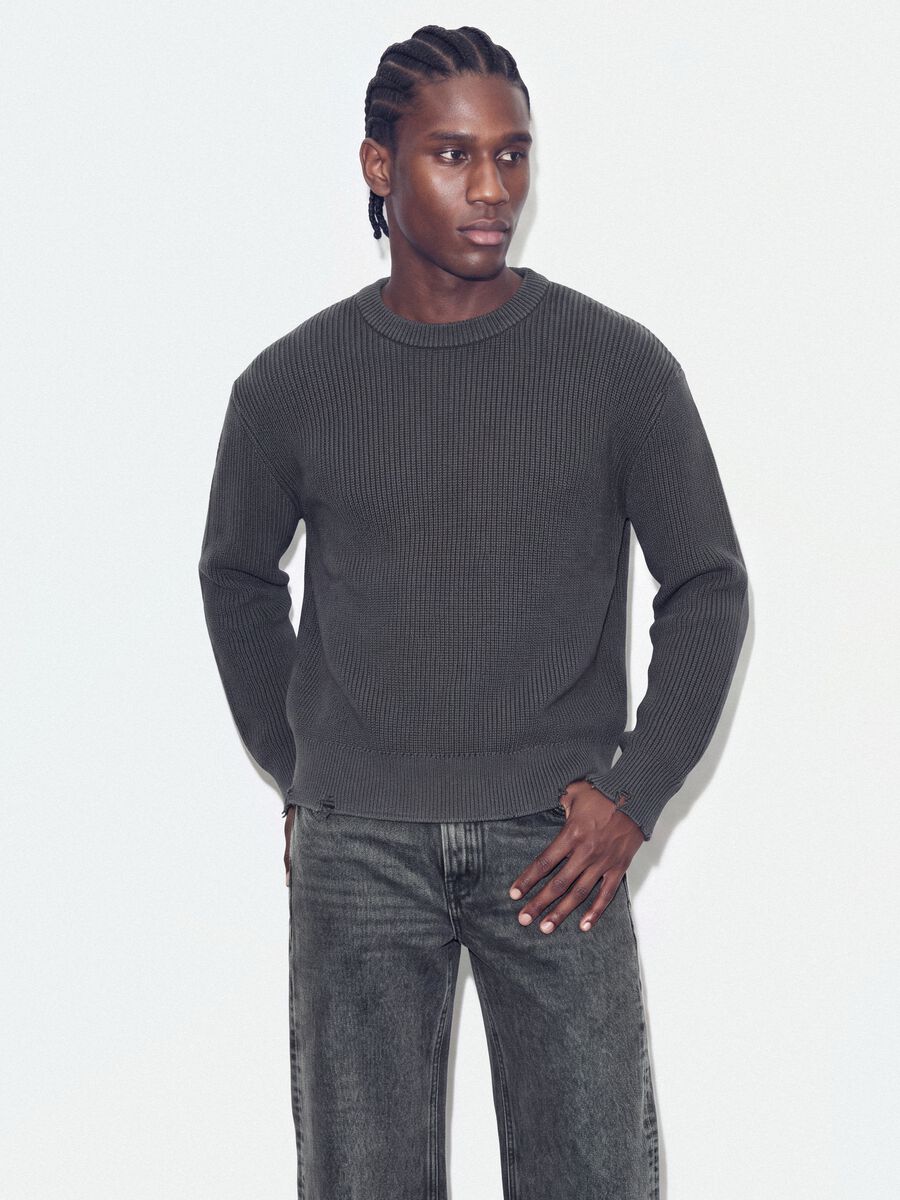 Grey pure cotton ribbed crew-neck jumper, regular fit_0