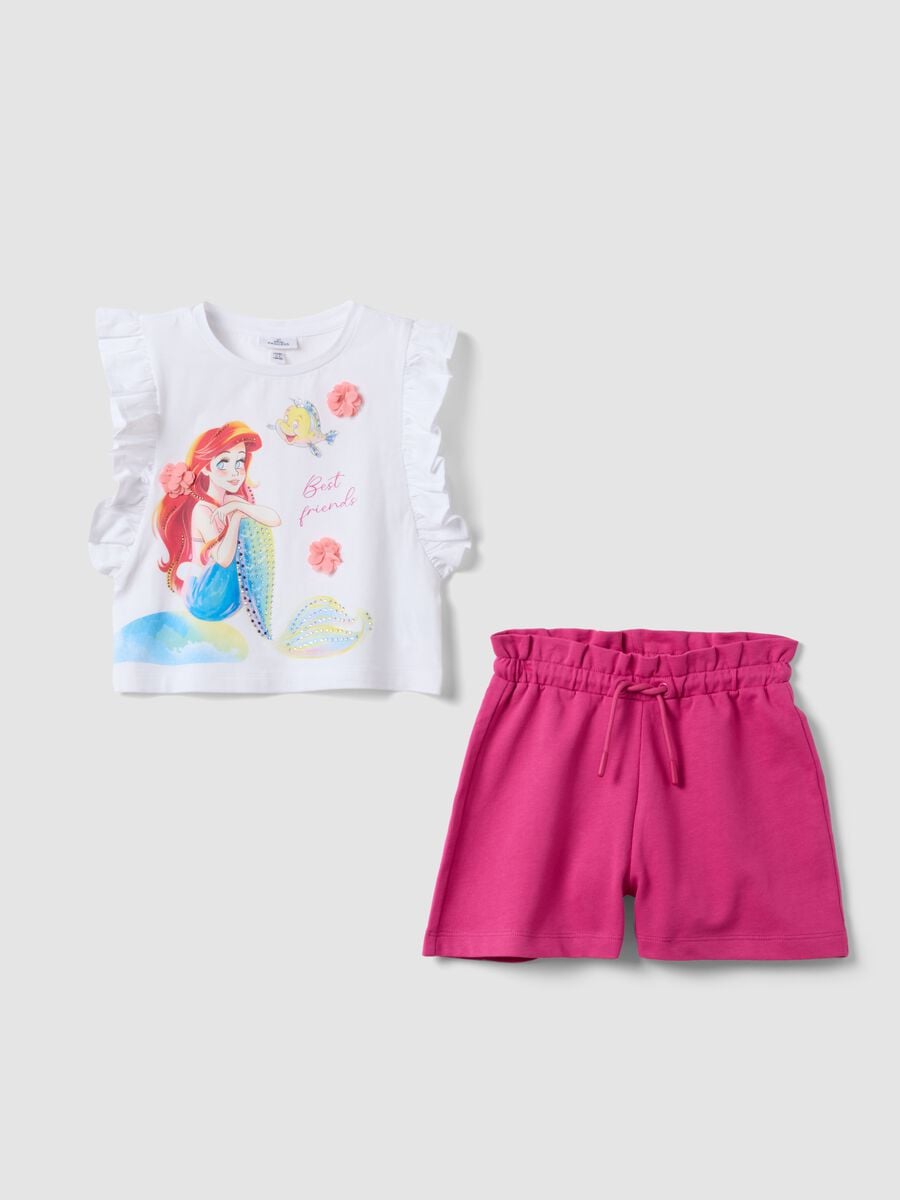 White and pink stretch cotton T-shirt and shorts set for girls, regular fit_0