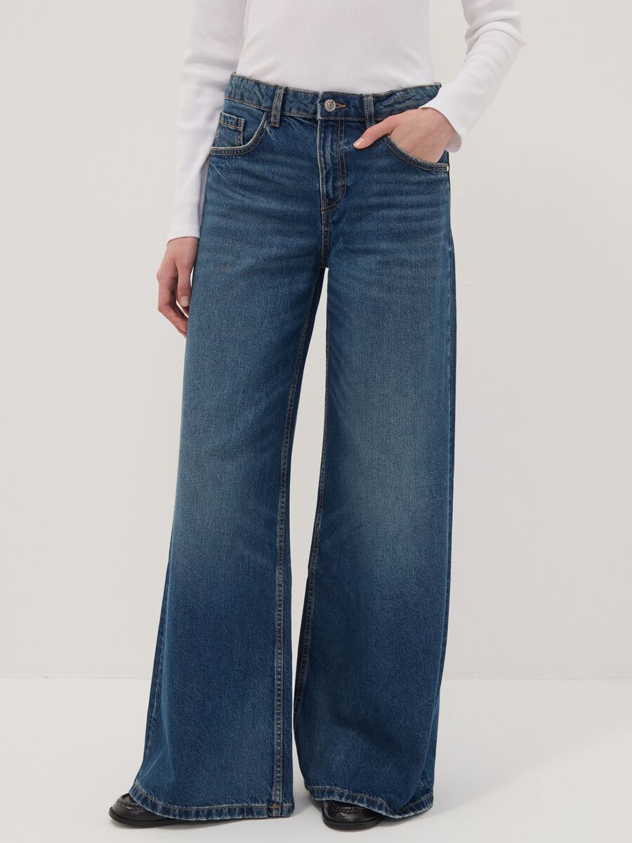 Blue pure cotton low-rise wide-leg jeans_1
