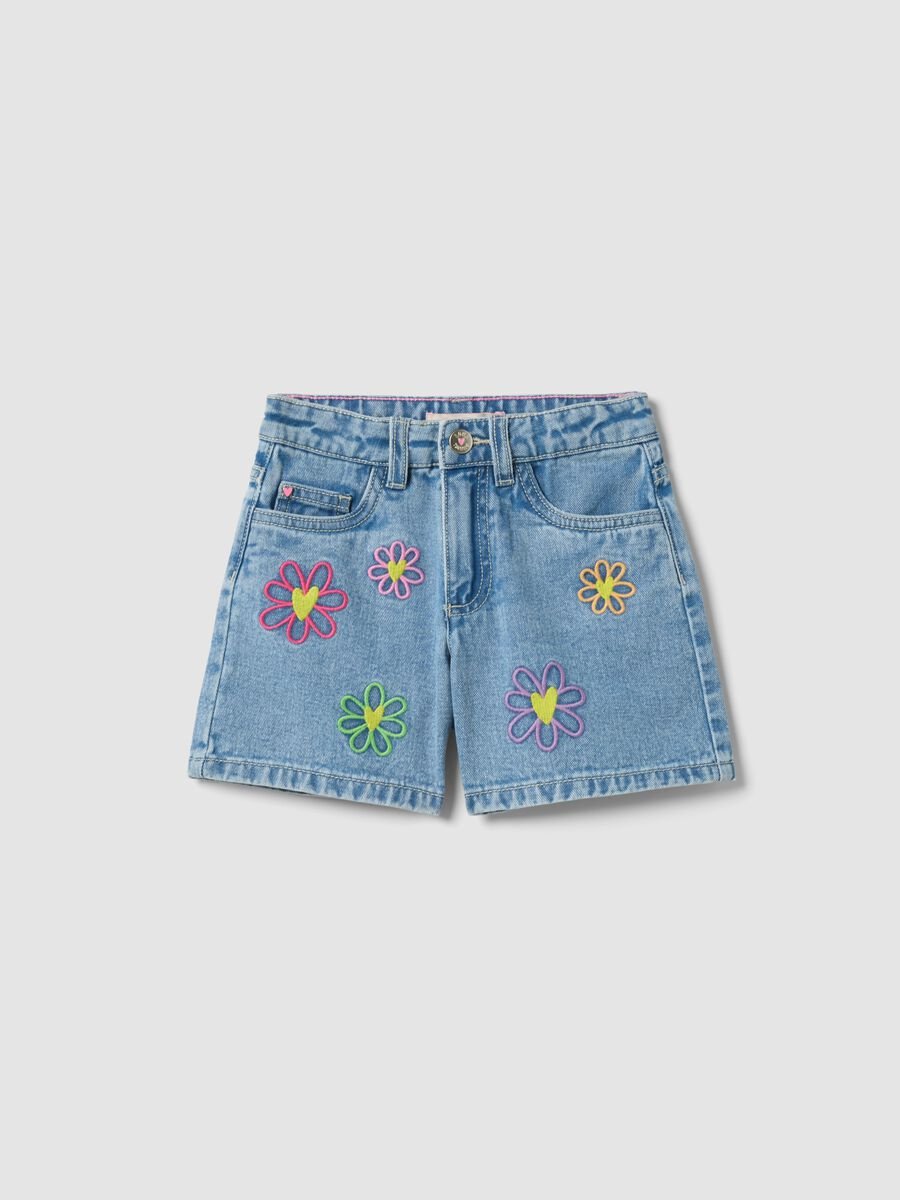 Shorts in puro cotone denim azzurri da bambina regular fit con ricami_0