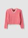Maglia rosa in puro cotone a trecce con scollo a V per bambina_0