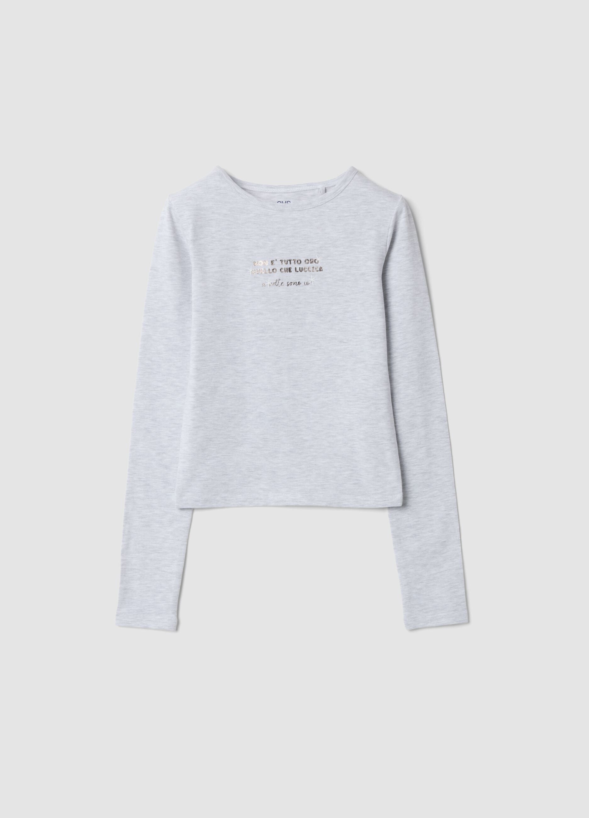 Grey slim-fit organic stretch cotton T-shirt with slogan