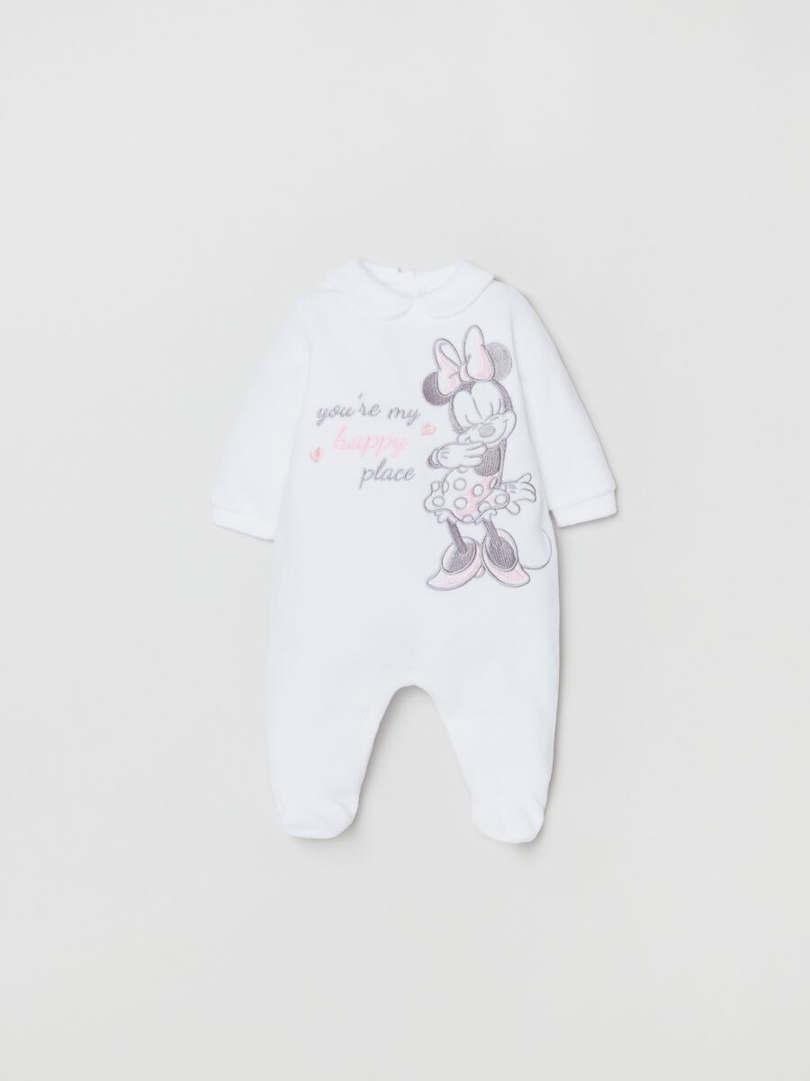 Velour onesie with feet and embroidered Minnie Mouse_0