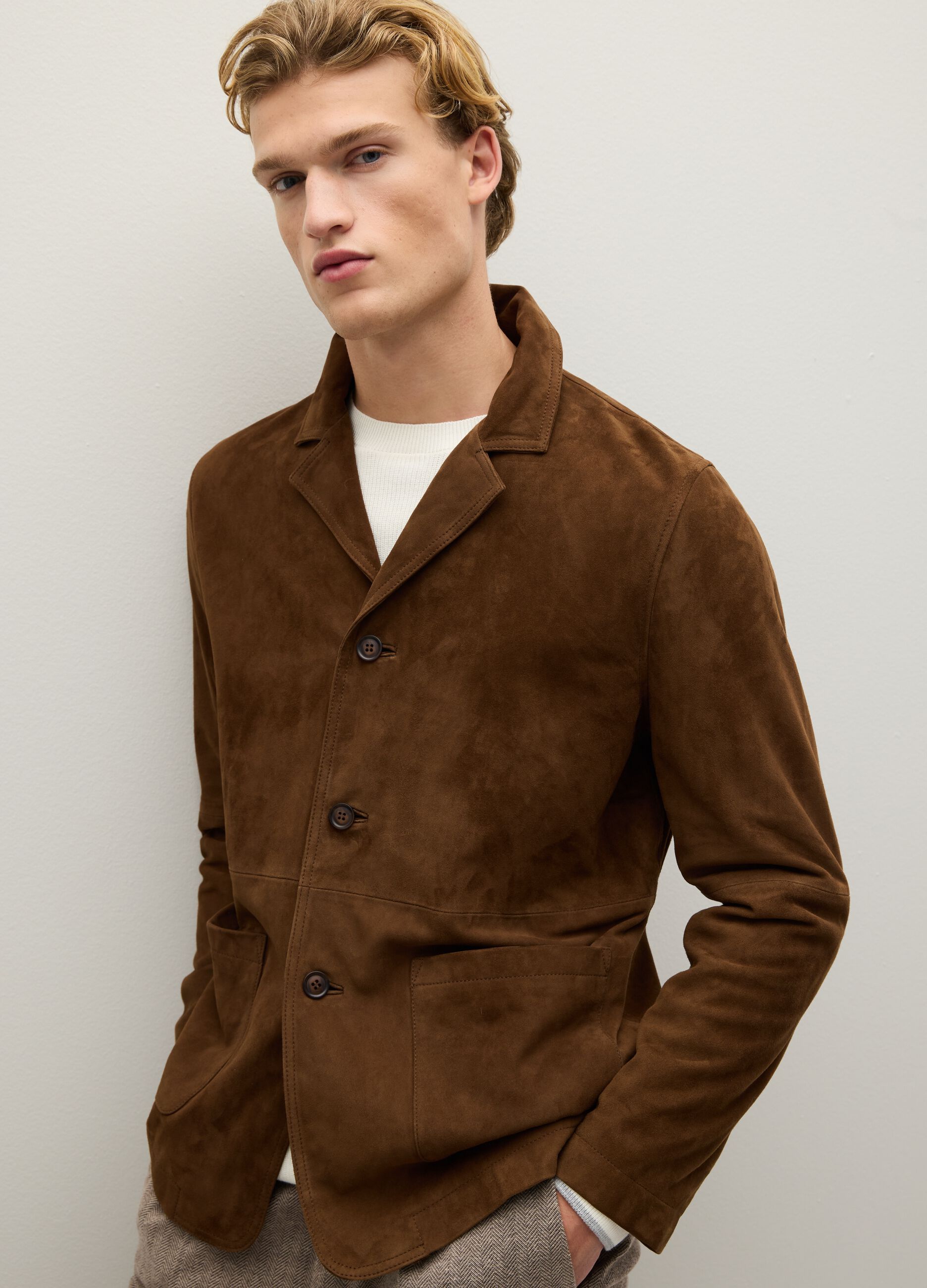 Genuine leather shacket jacket with buttons and pockets