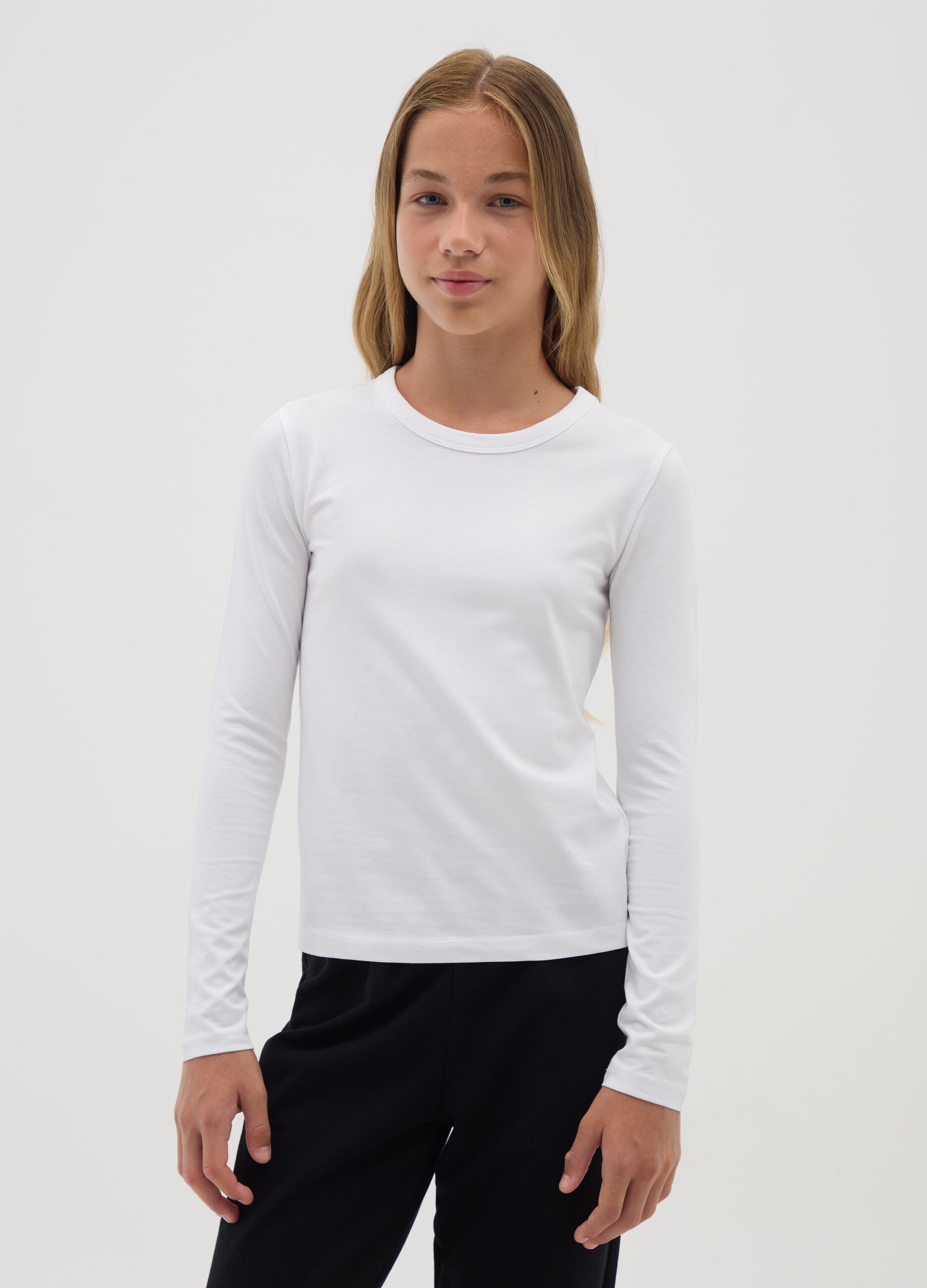 White Stretch Fabric Girl's Long Sleeve T-Shirt