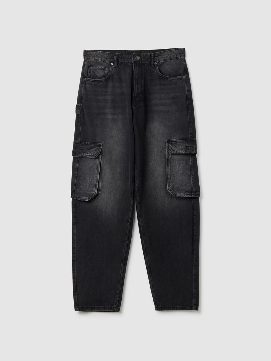 Black pure cotton baggy jeans with cargo pockets_4