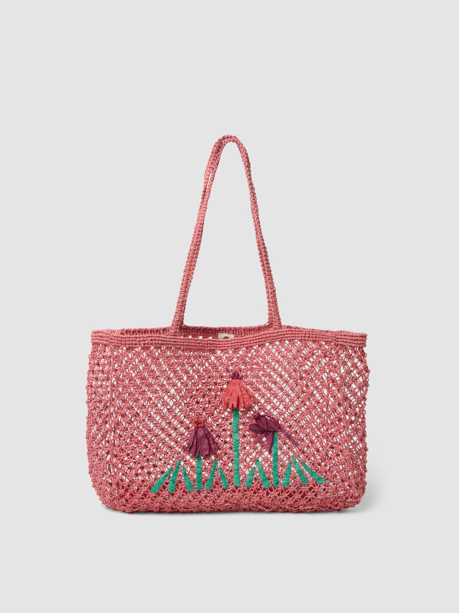 Multicolour open-weave mesh jute-blend beach bag_0