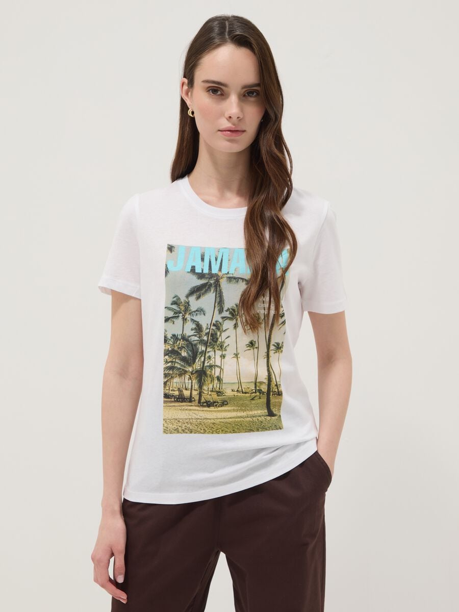 White pure cotton T-shirt with front print, regular fit_0