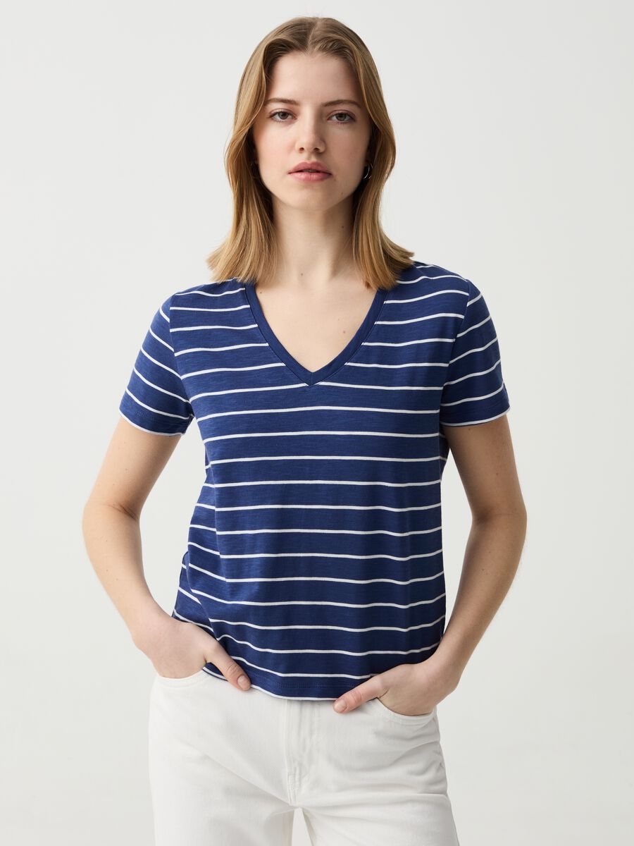 Essential mélange striped T-shirt with V neck_1