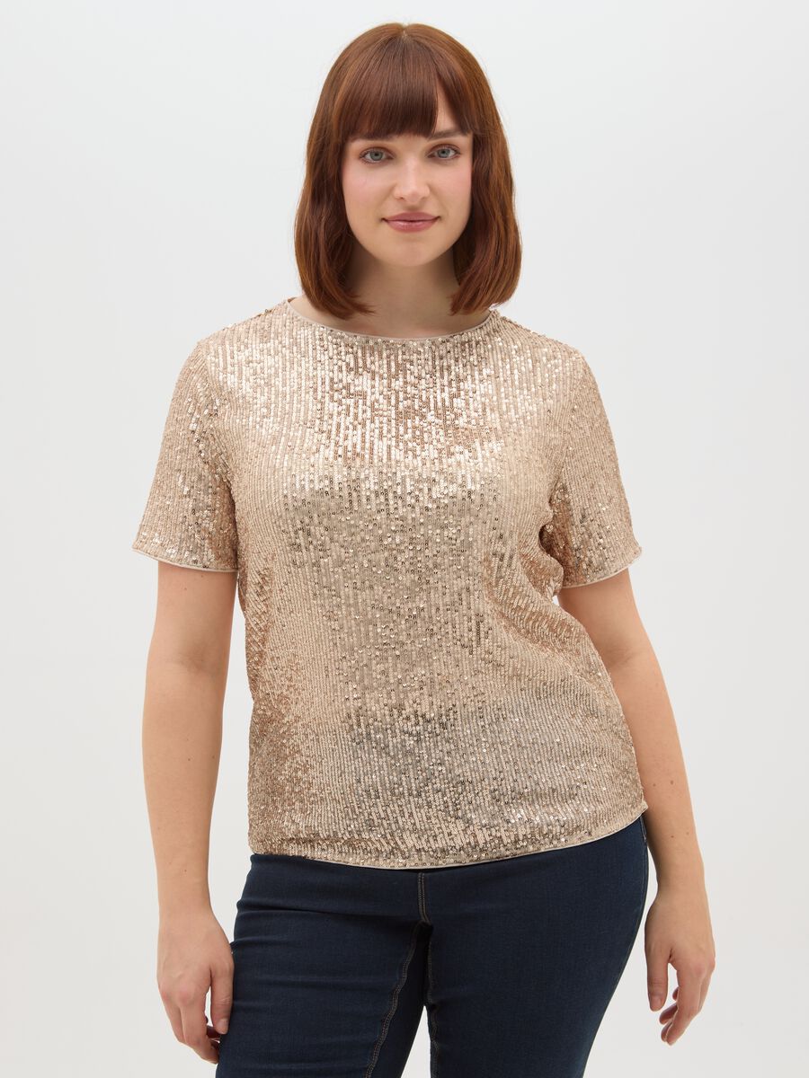 Beige short sleeve regular fit t-shirt with sequins_0