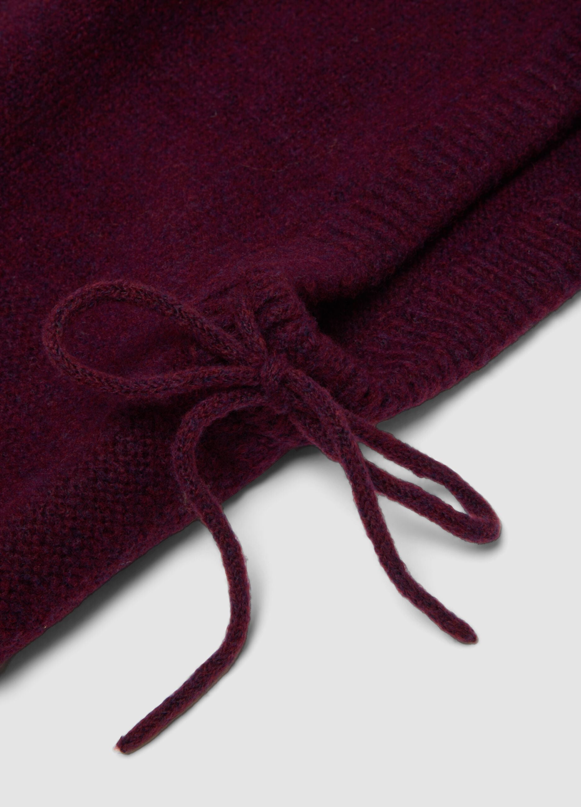 Burgundy stretch wool hood with tie cords