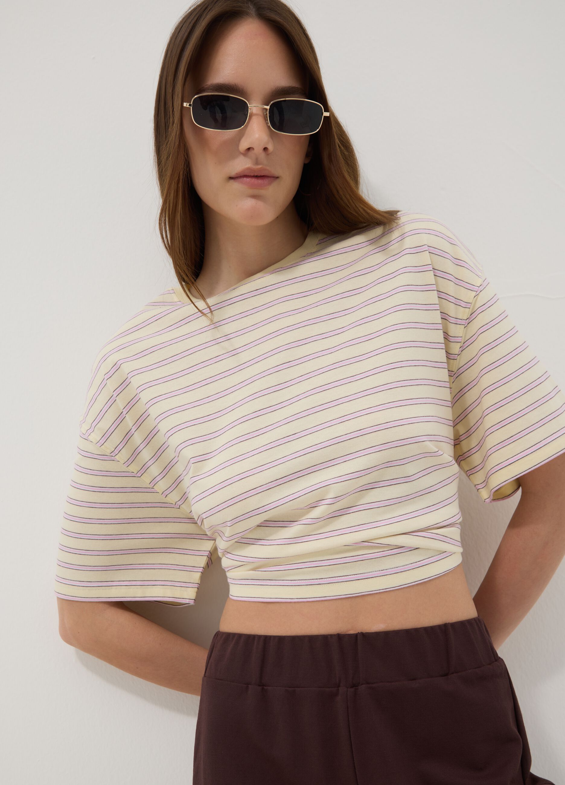 Yellow striped pure cotton T-shirt
