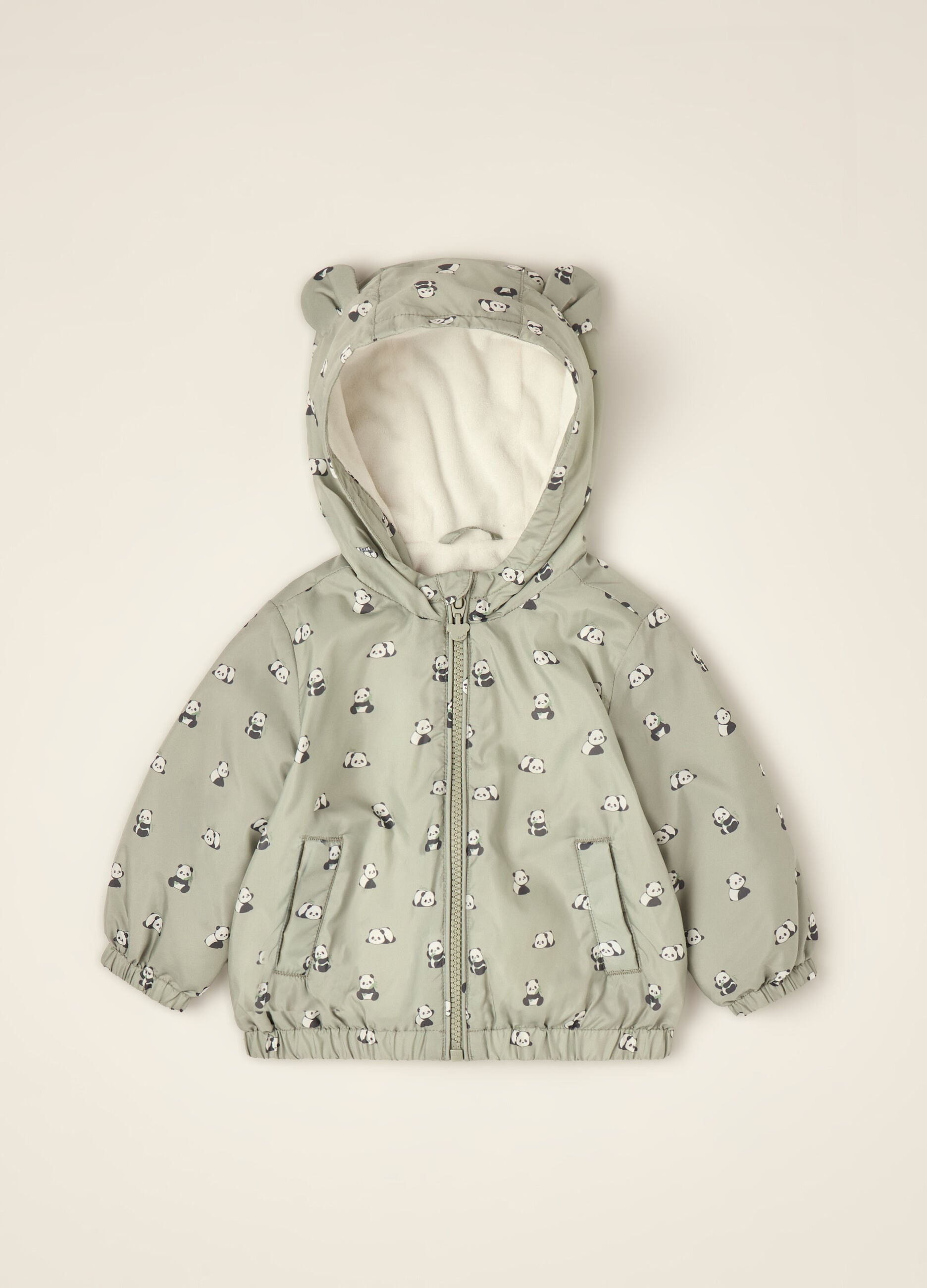 Green padded jacket with hood and panda print