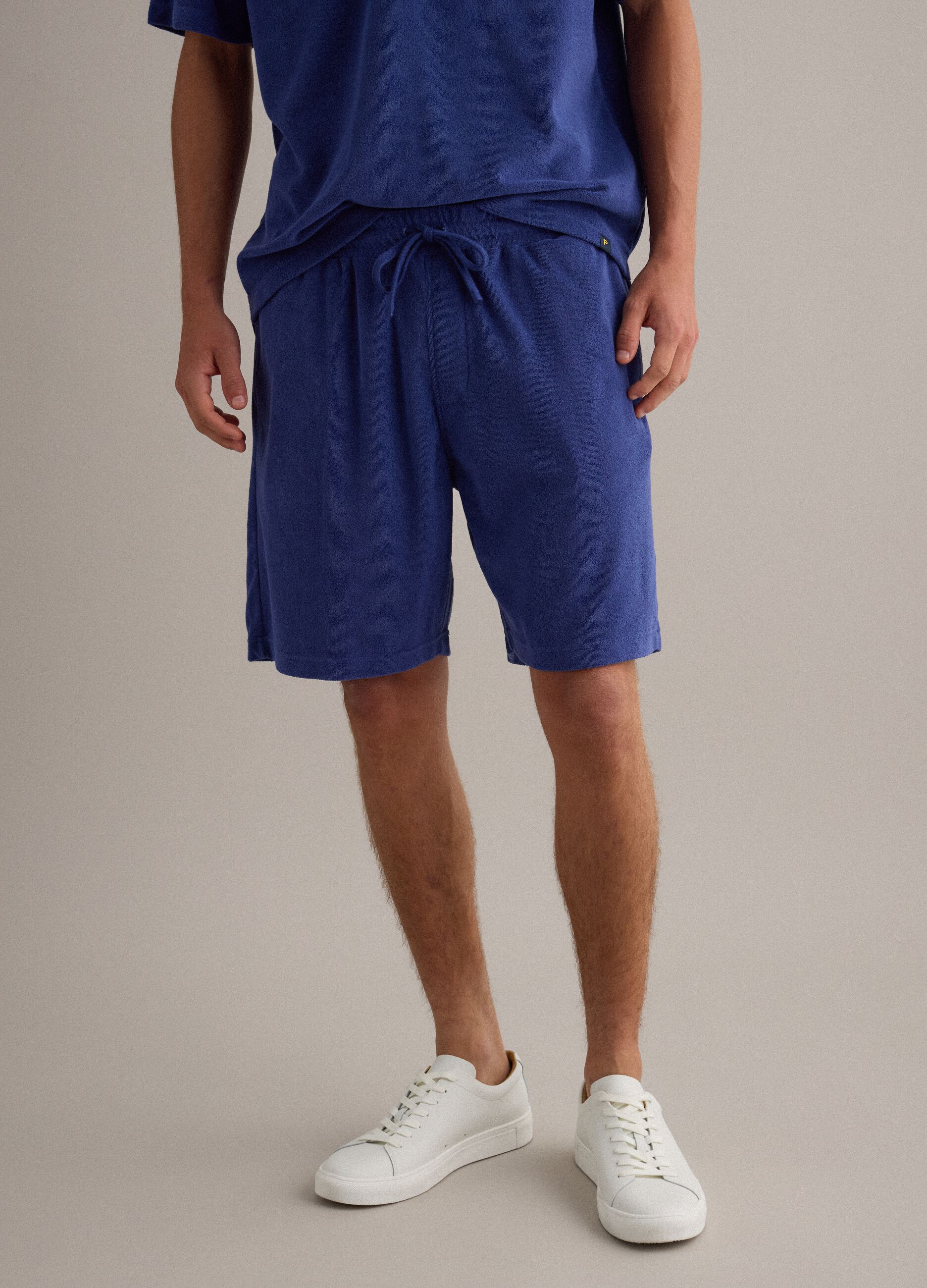 Blue cotton-blend bermuda shorts with elasticated waist