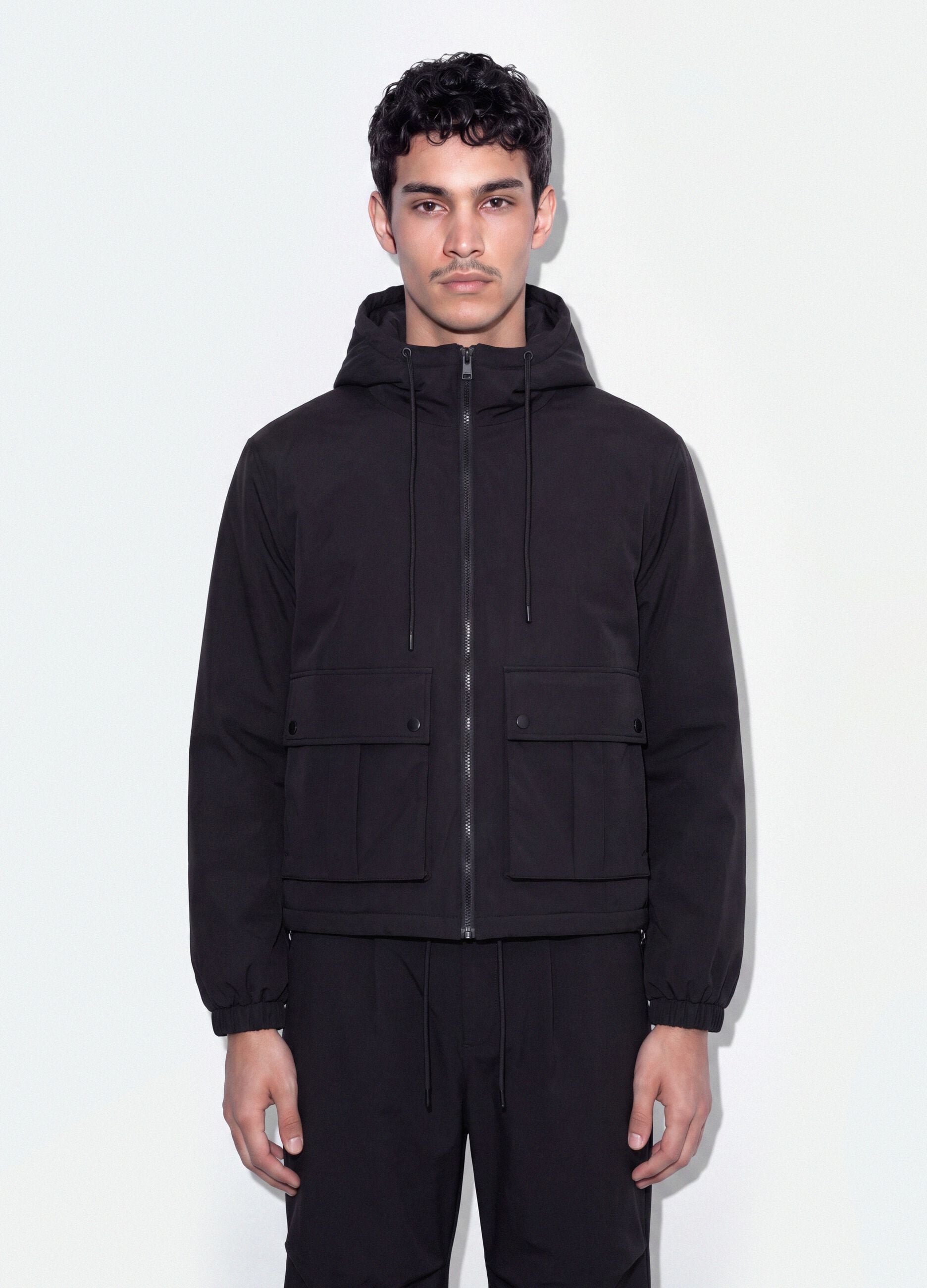 Black padded hooded jacket with zip, oversized fit