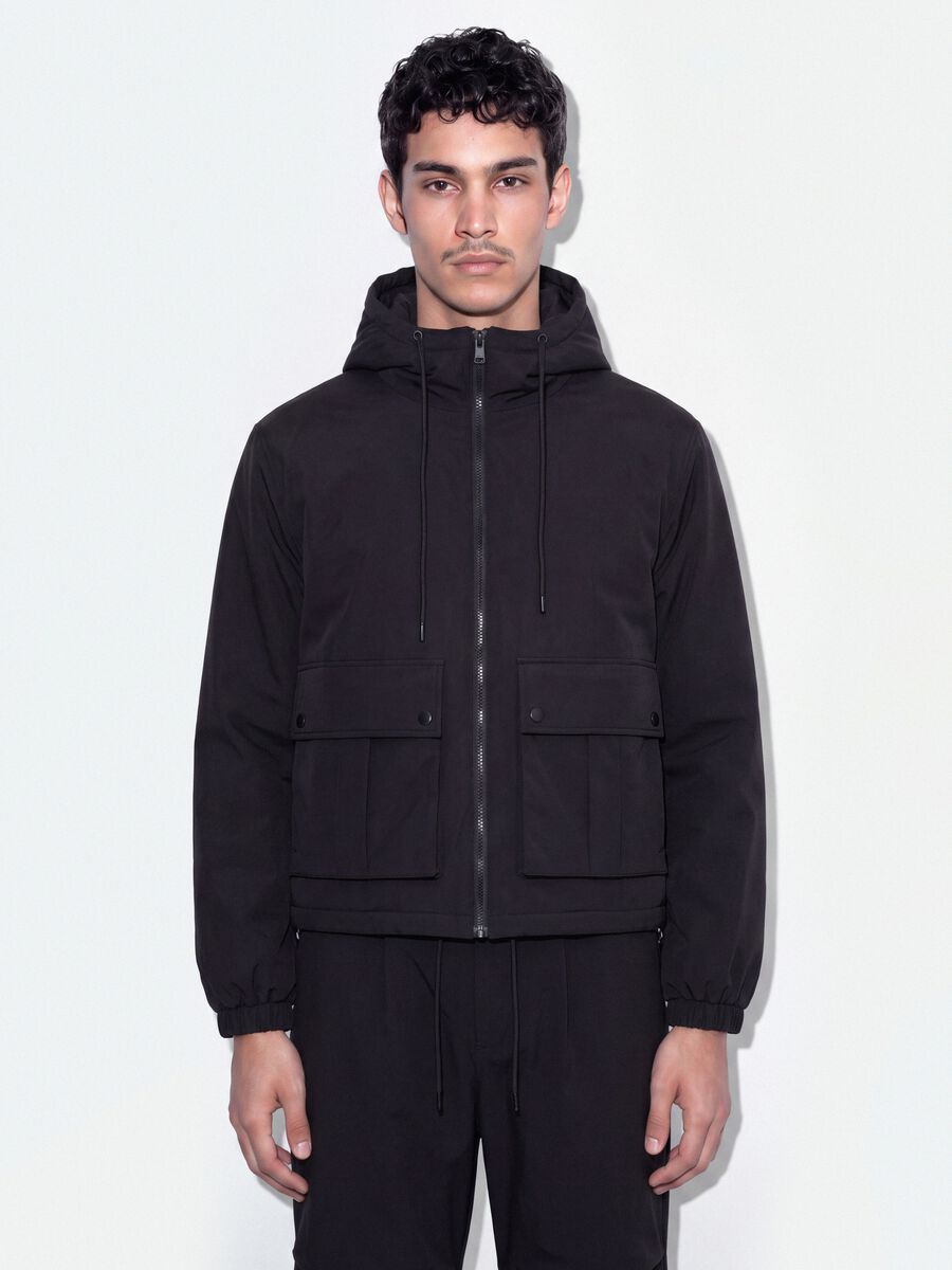 Black padded hooded jacket with zip, oversized fit_0