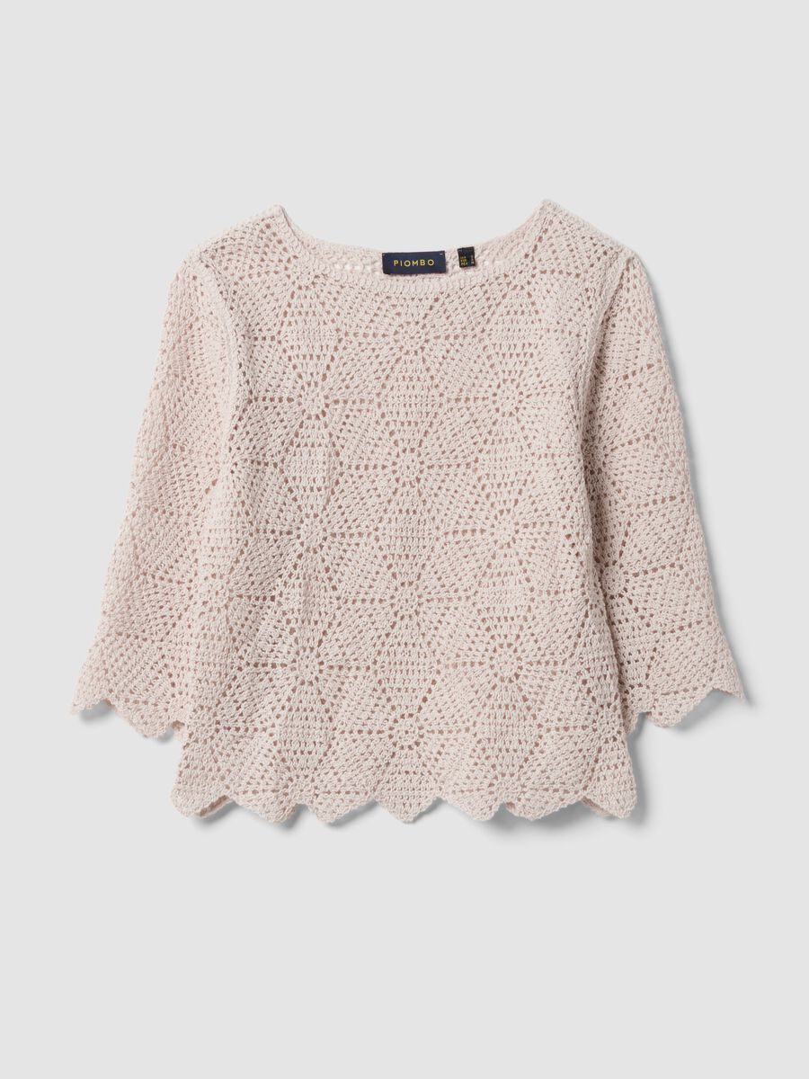Beige pure cotton crochet T-shirt, regular fit_4