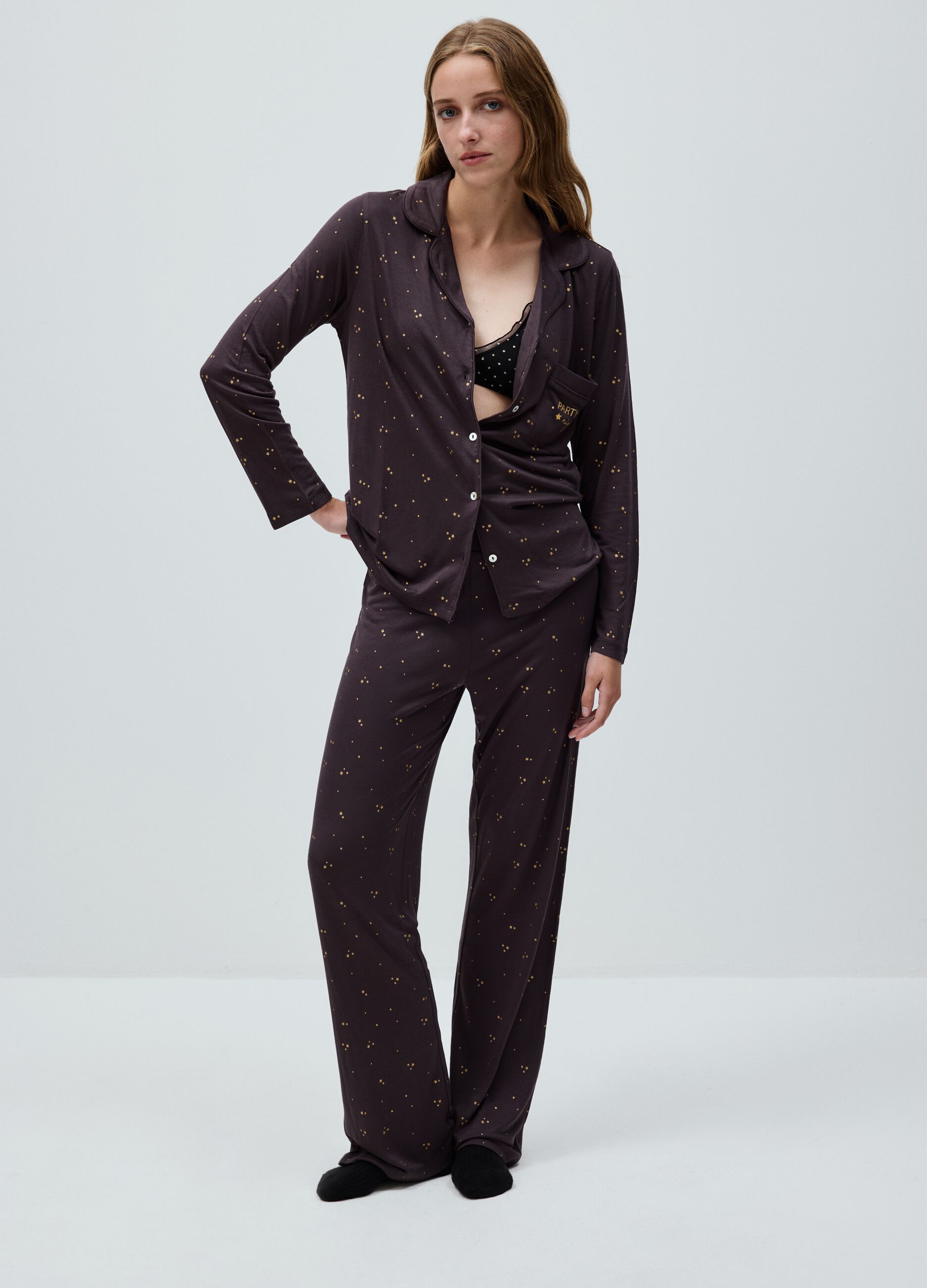 Cal&ccedil;as de pijama roxas com estrelas, corte regular