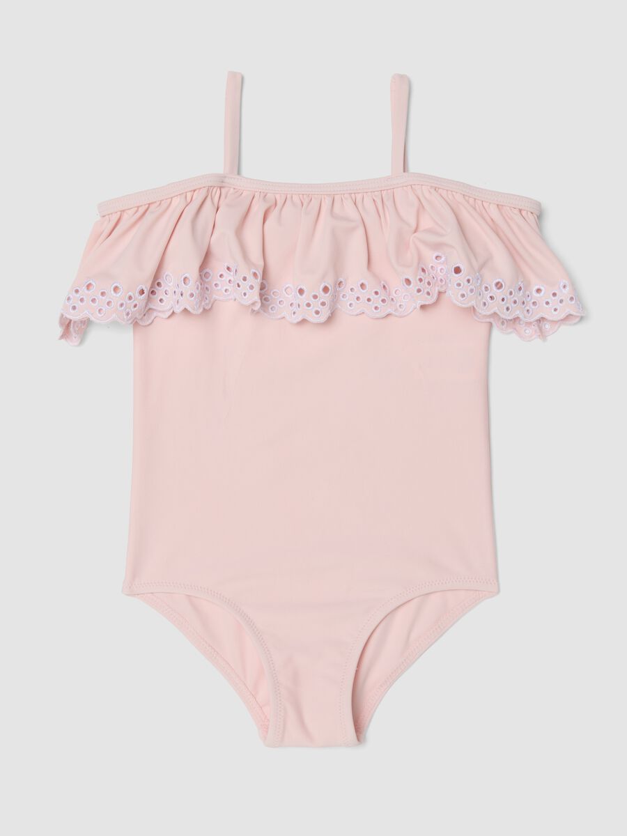 Pink girls&rsquo; swimsuit in stretch fabric with ruffle_0