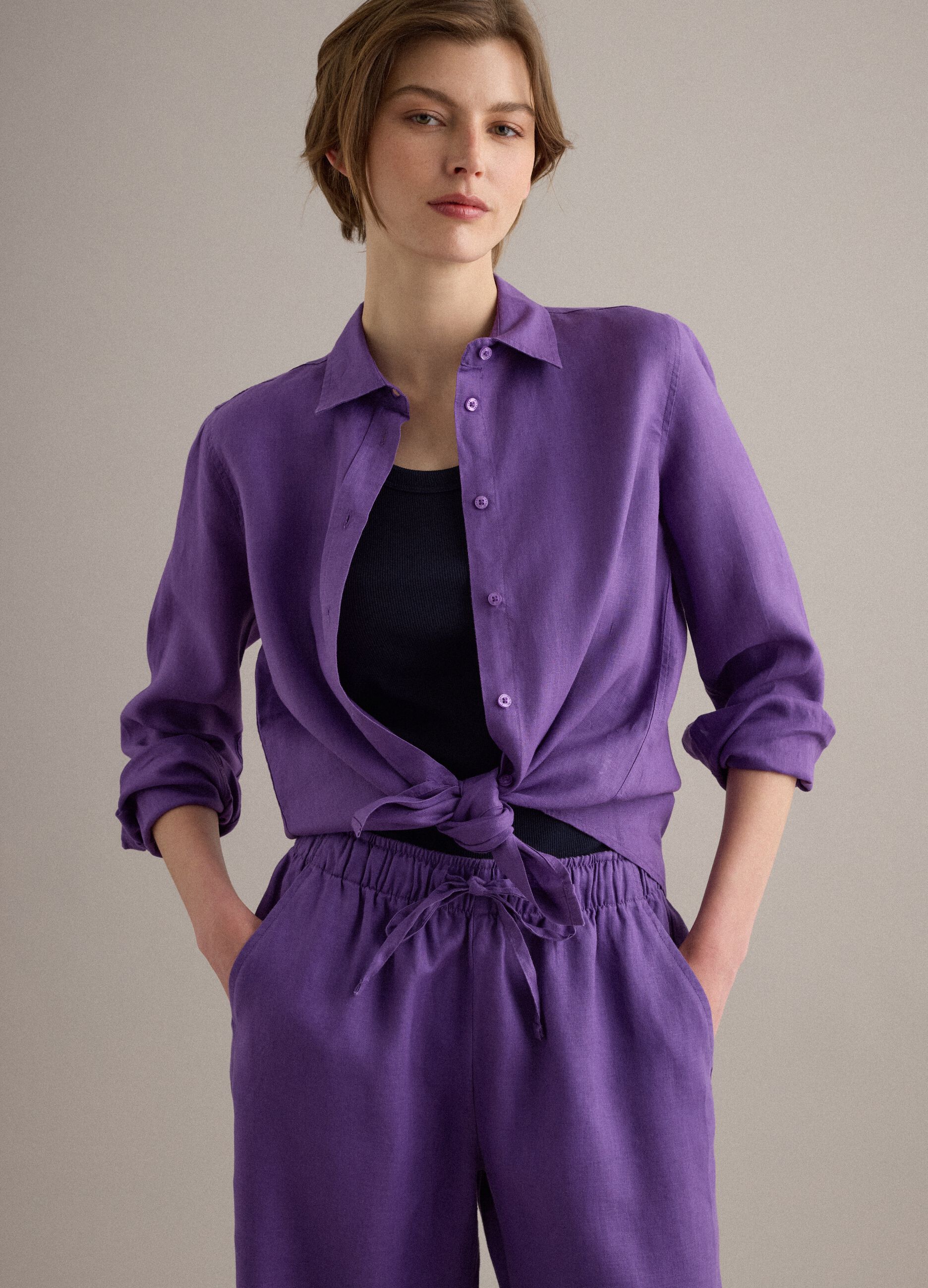 Purple pure linen regular fit shirt