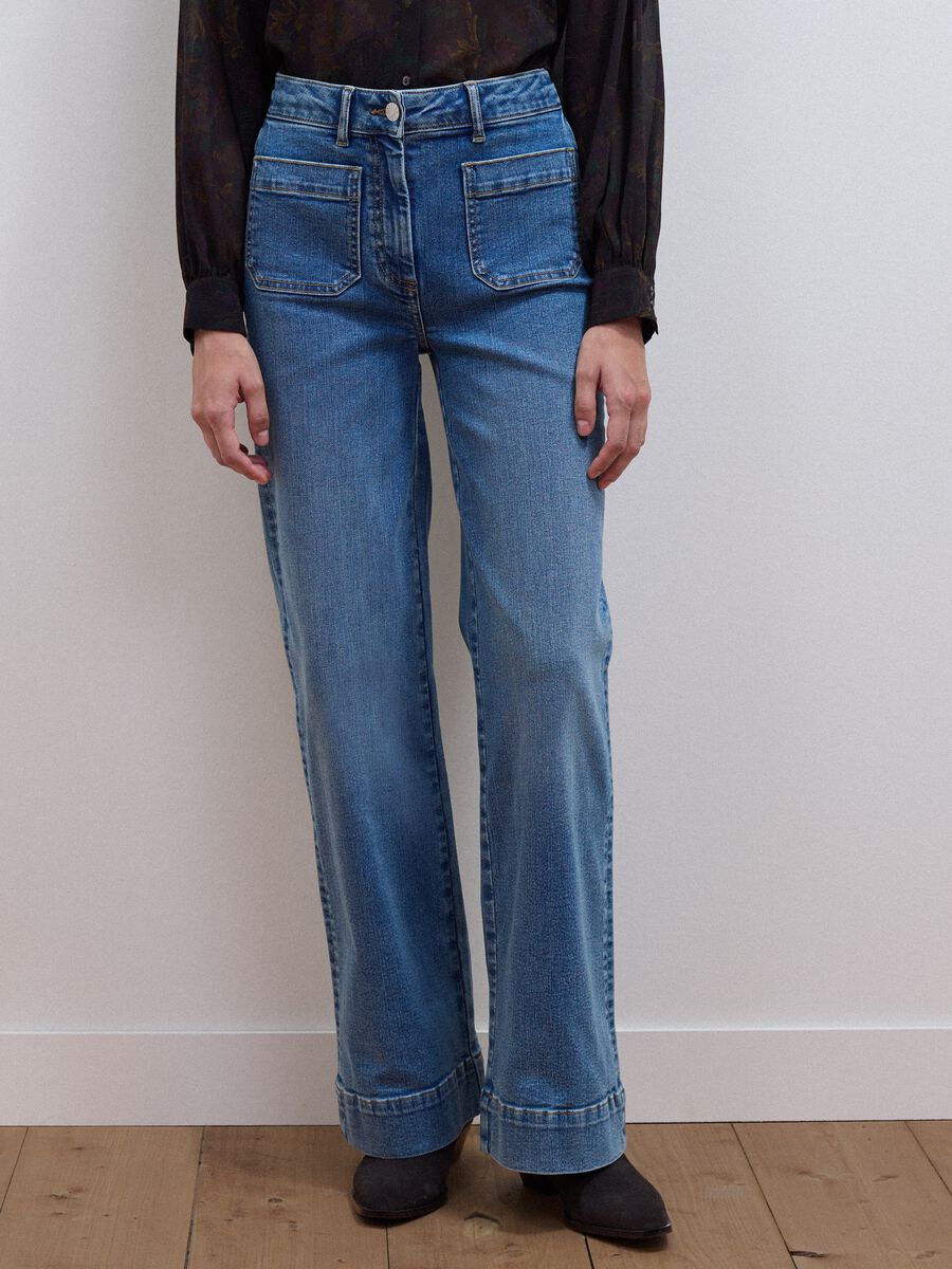 Blue wide-leg stretch cotton jeans_1