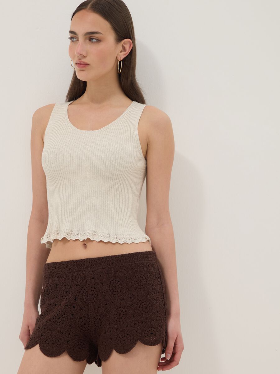 Brown crochet regular-fit cotton-blend shorts_3
