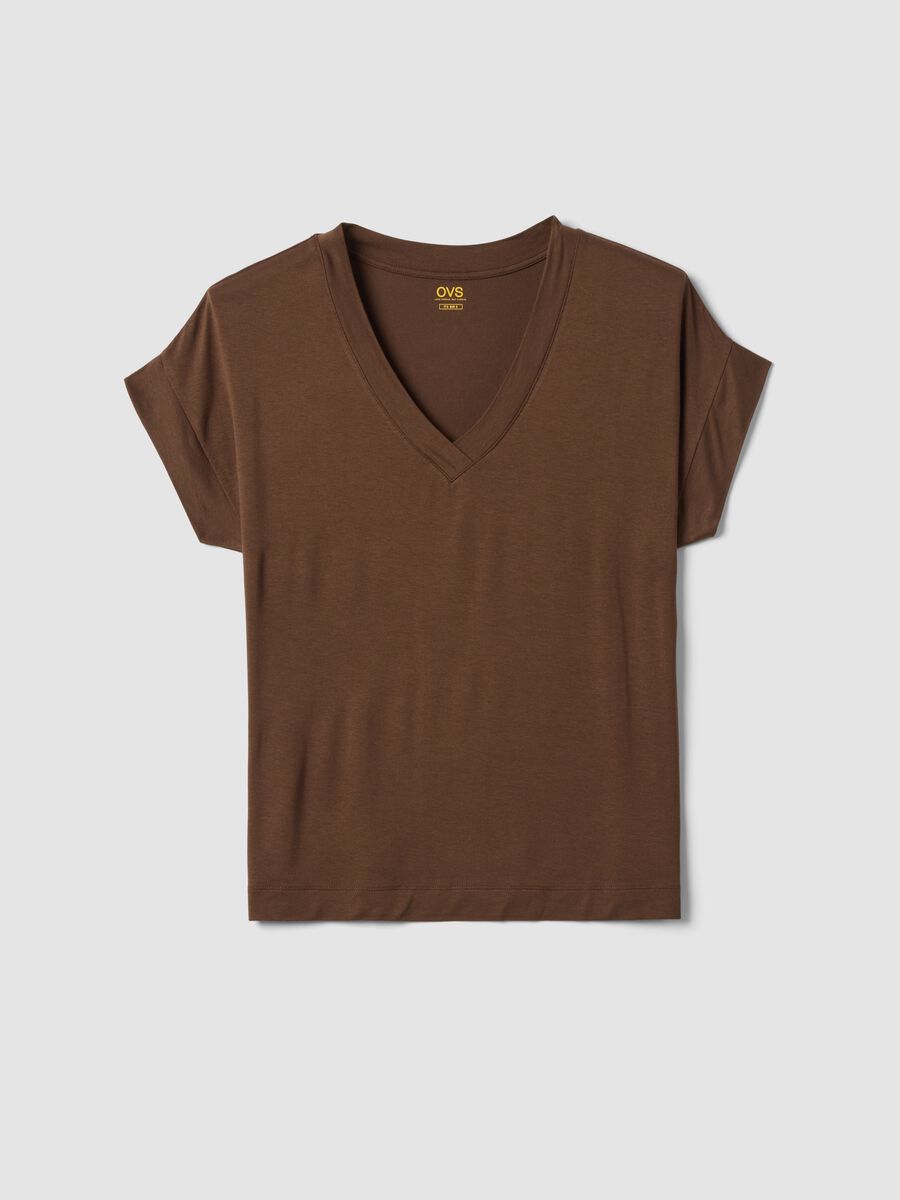Brown stretch viscose V-neck T-shirt_0