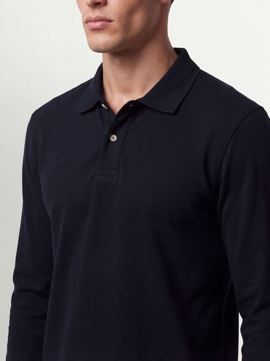 Blue long-sleeved regular-fit polo shirt in pure organic cotton piqu&eacute;_2