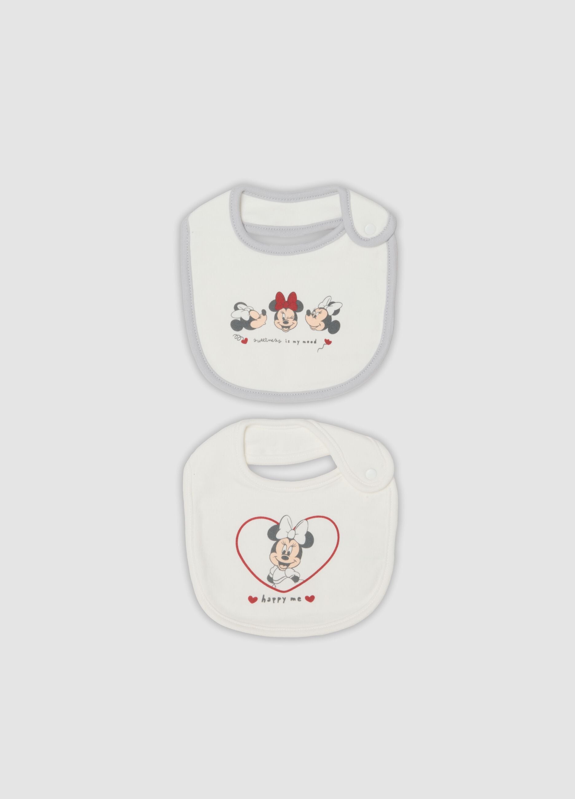 2-pack of white organic cotton bibs with Minnie print