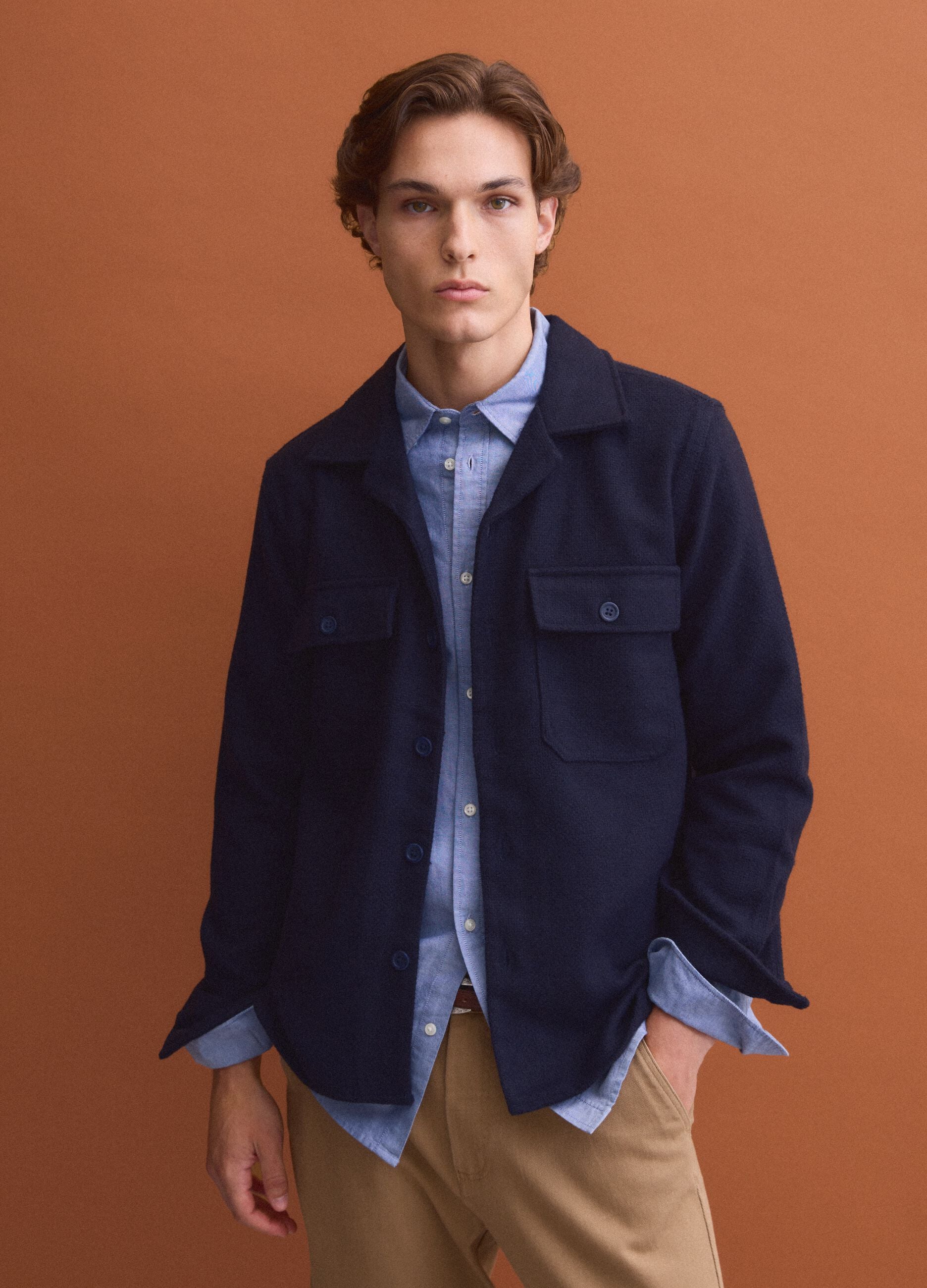 Blue wool and viscose-blend shacket with buttons, oversized fit